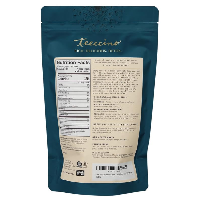 Teeccino Dandelion Caramel Nut Herbal Coffee, 1.1 Pound - Caffeine-Free Coffee Alternative with Prebiotics, Gluten Free, Acid Free - Medium Roast