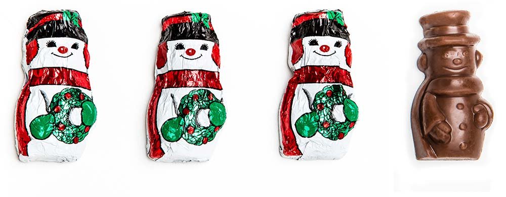Madelaine Premium Solid Milk Chocolate Snowmen - Christmas Party Favor - Candy Stuffer & Holiday Treat - Wrapped In Italian Foil - Contains Half Pound
