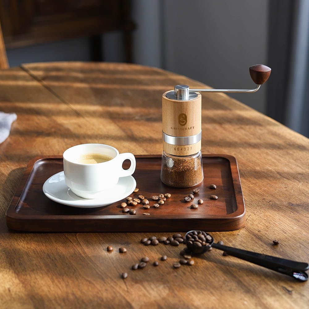 Premium Manual Burr Coffee Grinder - Made with real Beechwood; Hand Coffee Grinder with Stainless Steel Burr Mill; Extra-Fine to Coarse Coffee & Espresso Burr Grinder (Light Brown)