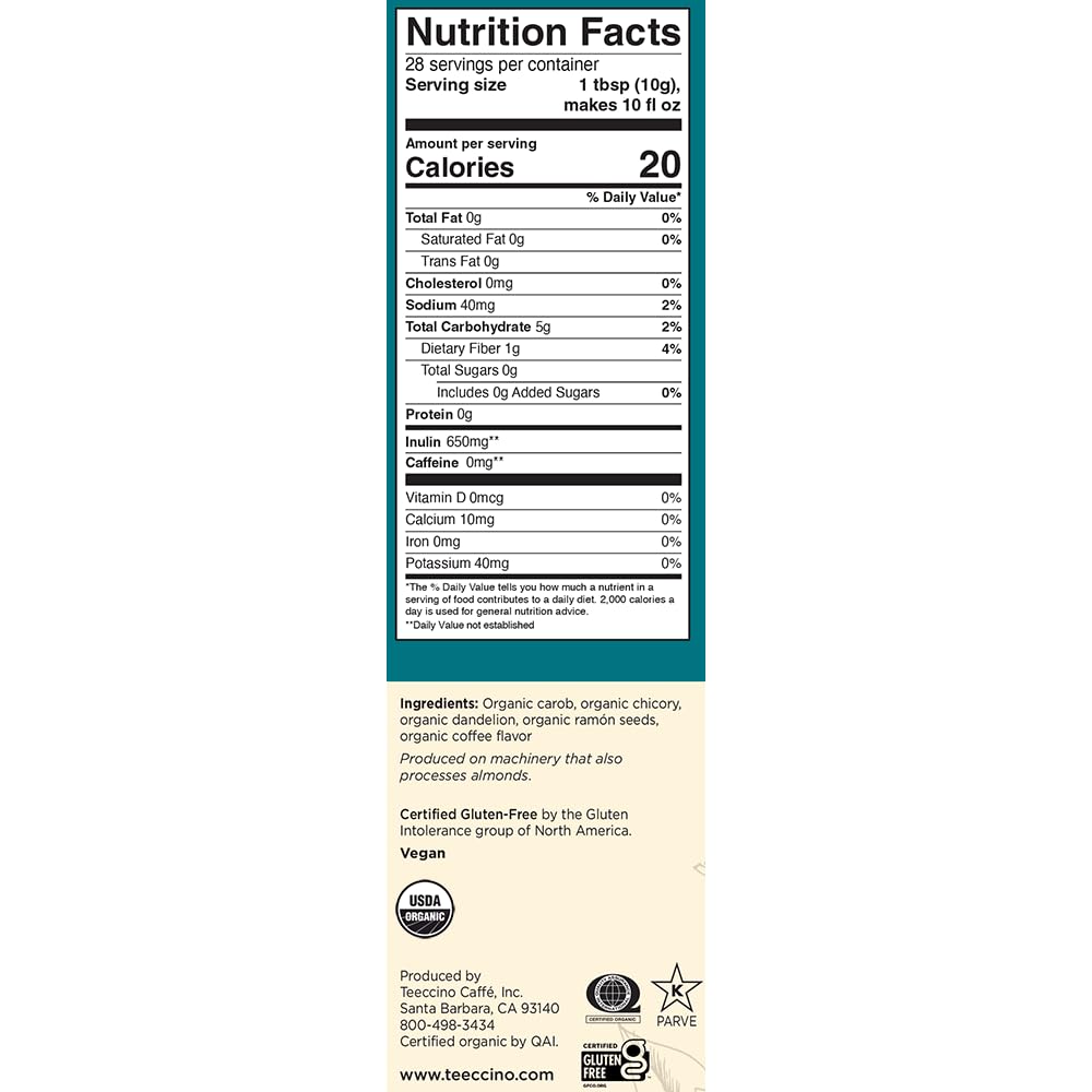 Teeccino Dandelion Dark Roast Herbal Coffee, 5 Lb Bag - Caffeine-Free Coffee Alternative with Prebiotics, Gluten Free, Acid Free, Organic - 5 lb