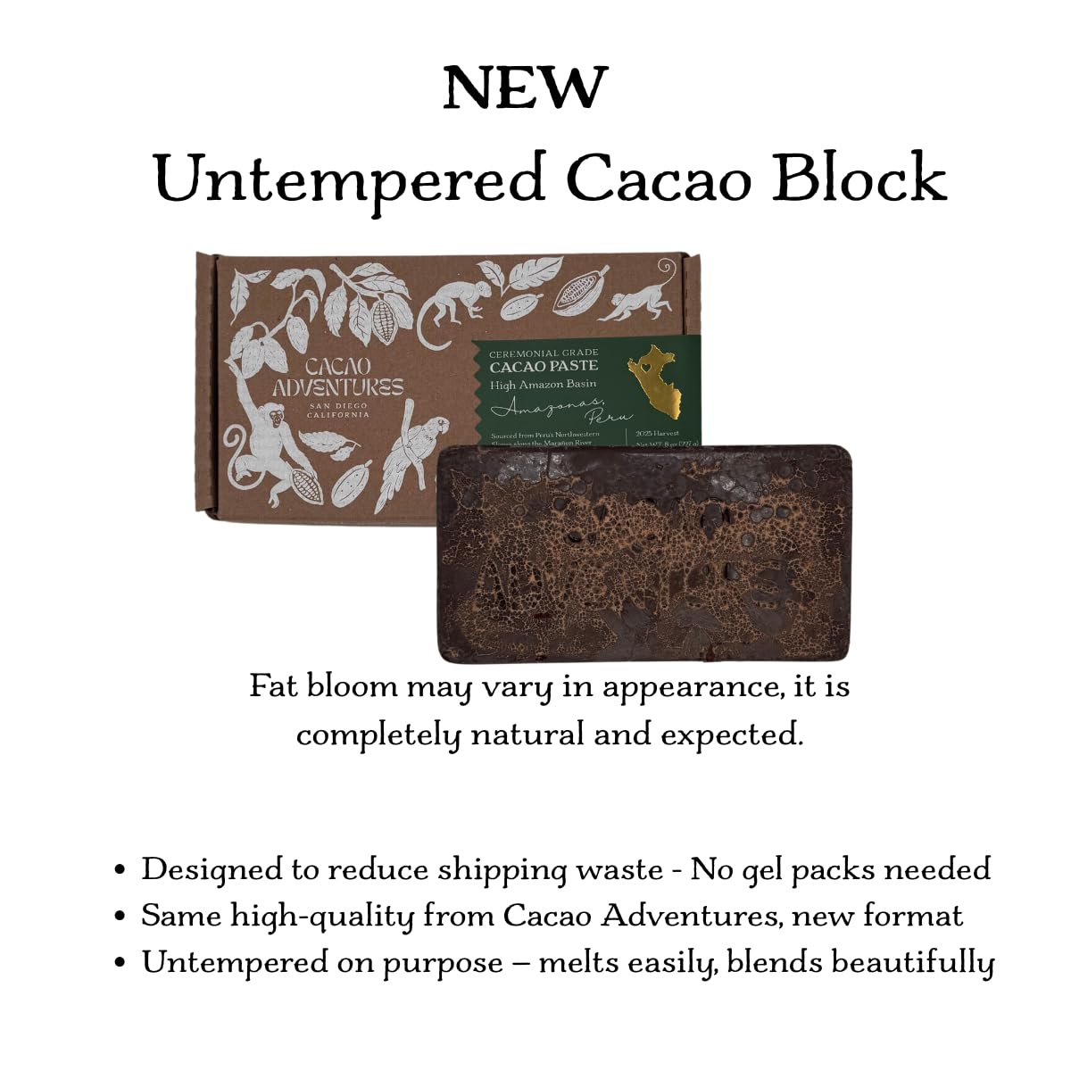 Cacao Adventures Ceremonial Cacao Block | 100% Pure Cacao from Peru, Untempered, Unsweetened, Vegan, 8 oz | Ethically sourced and sustainably grown |Melts Easily for Drinking, Rituals & Recipes