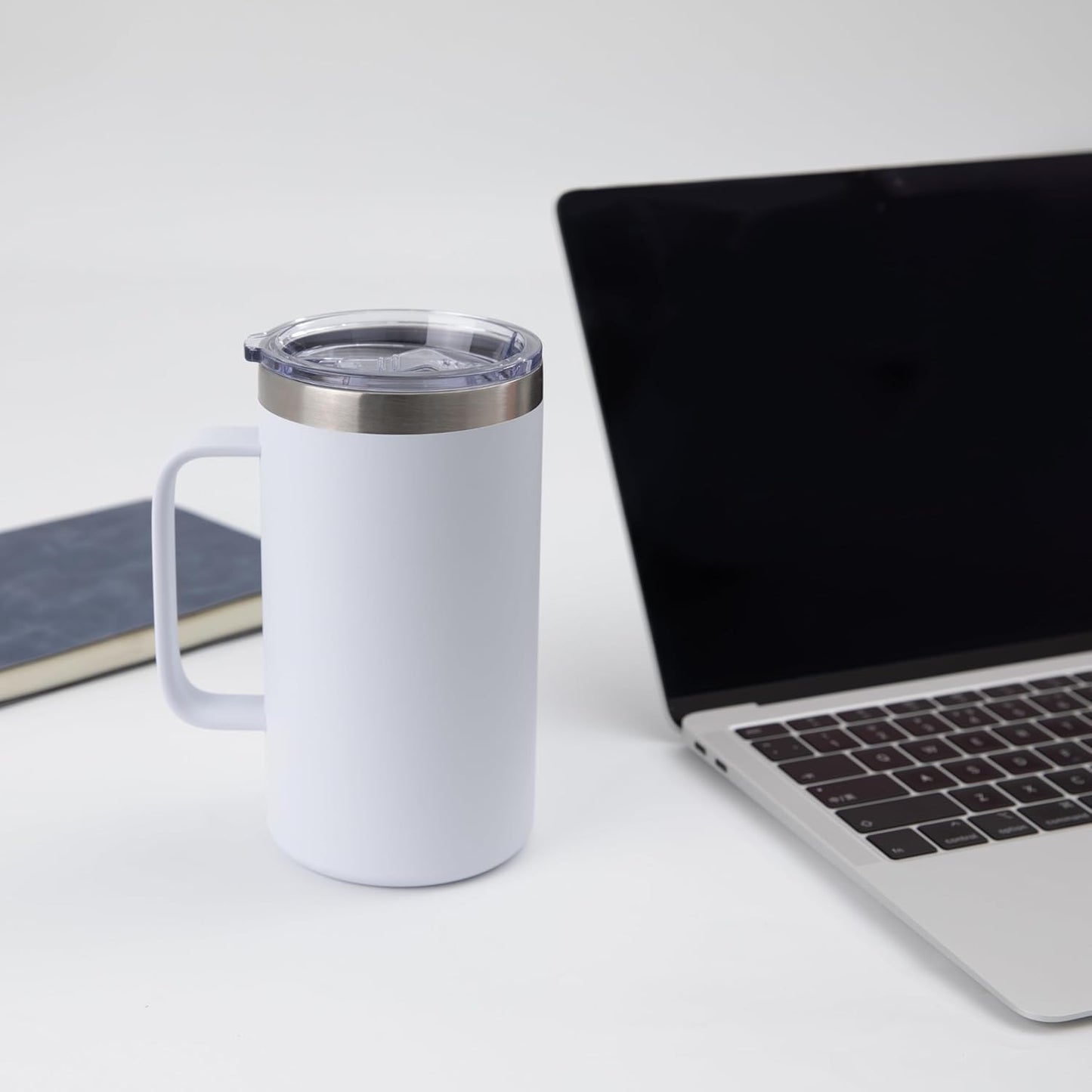 DOMICARE 24oz Mug with Handle and Lid, Stainless Steel Coffee Mug, Reusable Insulated Cup, Travel Mug with Handle, Double Wall Vacuum Coffee Tumbler for Men and Women, White, Pack 1