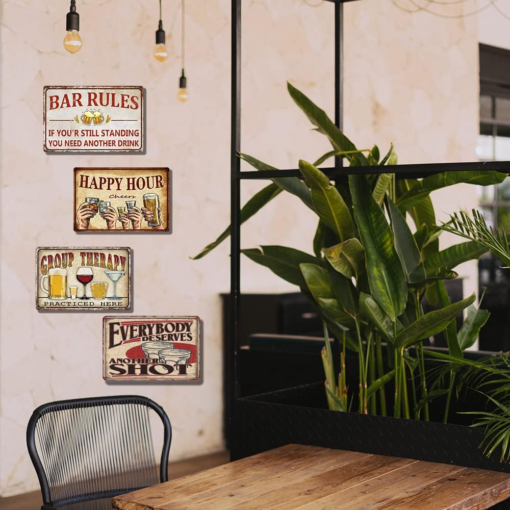 Funny Bar Signs For Home Bar Decor Bar Rules Tin Signs Vintage Happy Hour Sign Man Cave Decorations Coffee Pub Wall Art Poster 4 Pieces Metal Sign