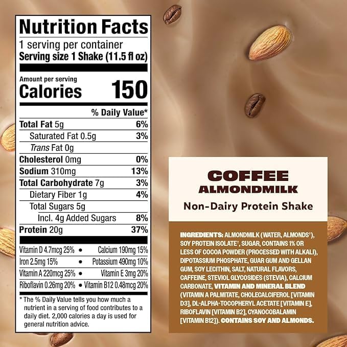 Premier Protein Almondmilk Plant Based Protein Shake, 20g Protein, 5g Sugar, 11.5 Fl oz, Coffee, 12 Count