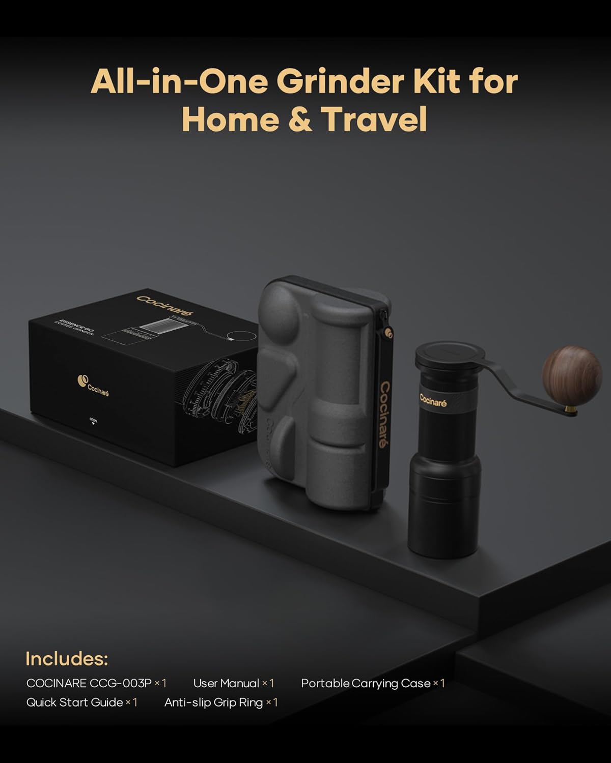 Cocinare ESSENCE GO B38 Pro Manual Coffee Grinder – with Carrying Case Hand Grinder Capacity 30g, Vertex10 Cut Burr & 80 Grind Settings, Perfect for Pour-over, Espresso, Cold Brew (Obsidian Black)