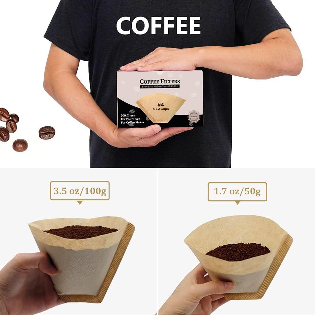 #4 Cone Coffee Filter 8-12 Cup, 200 Count Unbleached Natural Paper, No Blowout, Disposable for Pour Over and Drip Coffee Maker