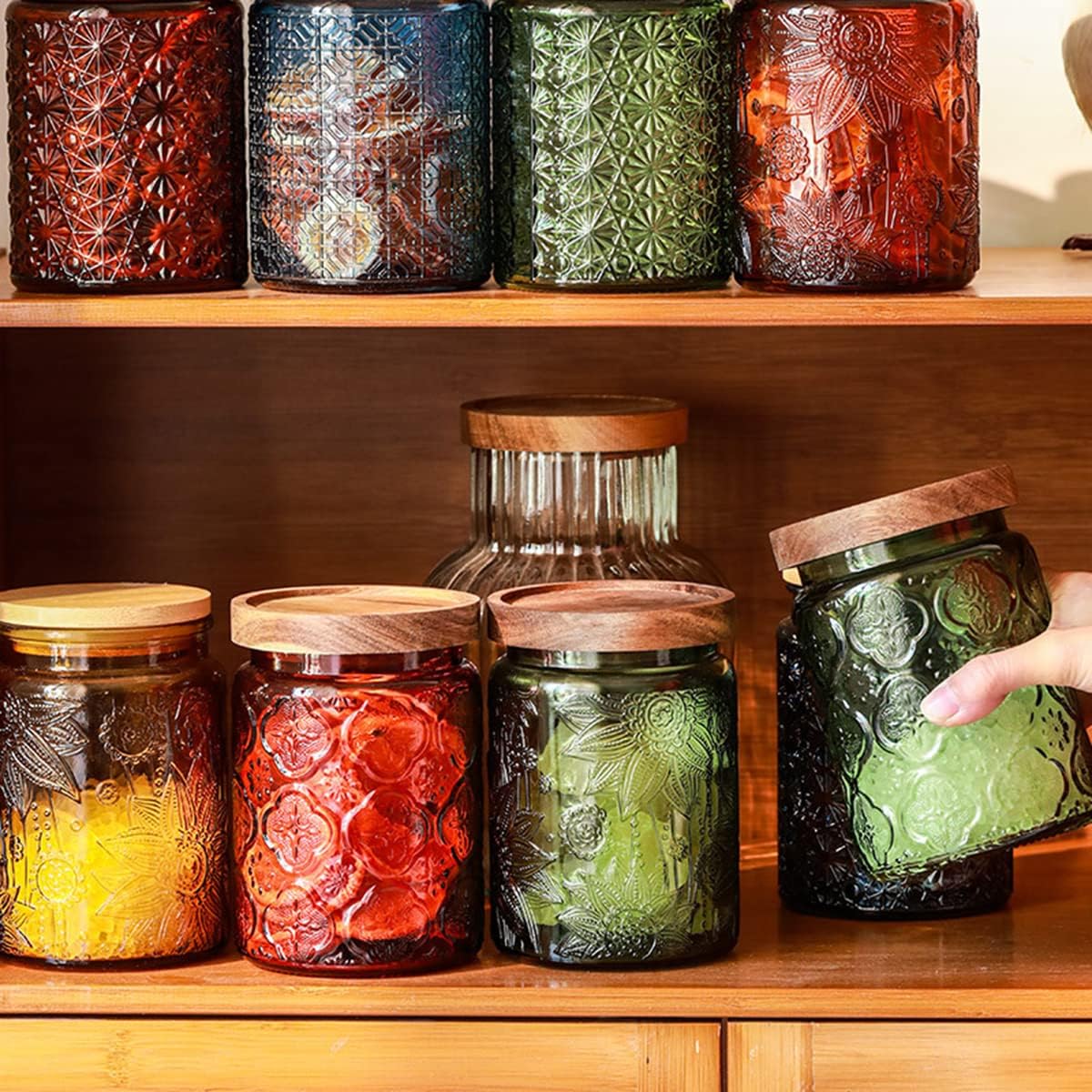 Vintage Glass Storage Jar with Solid Wood Lid - Sunflower Kitchen Canister for Coffee, Candy, Laundry Detergent - Cute Food Storage Jar for Pantry, Countertop (4 color-Begonia Flower, 23.7 Ounces)