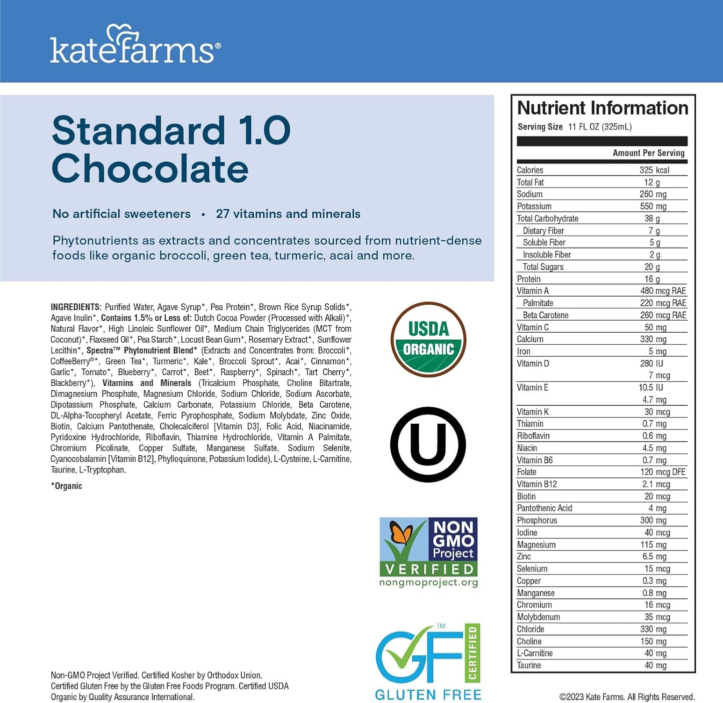 KATE FARMS Organic 1.0 Sole-Source Nutrition Shake, Chocolate, 16g Protein, 27 Vitamins and Minerals, Meal Replacement, Protein Shake, 11 oz (12 Pack)