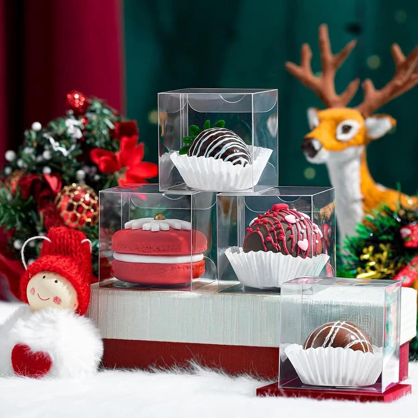 TEMLQPACK 50 Pack 2x2x2 Inch Plastic Macaron Boxes for 2 Clear Plastic Small Gift Boxes Treat Boxes Hot Chocolate Bomb Boxes Pastry Boxe Candies Boxes Birthday Wedding Party Favor