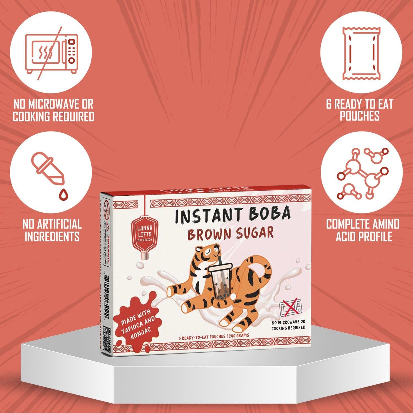 Instant Brown Sugar Boba, 70% Fewer Calories, Made with Konjac and Tapioca, Brown Sugar Boba Pearls for Boba tea, Shakes and Dessert, Plant-Based 6 Ready-to-Eat Pouches (240g)