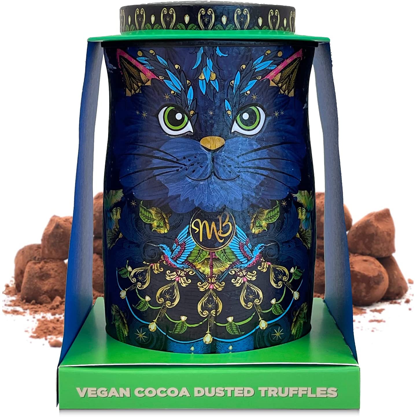 Monty Bojangles Vegan Cocoa Dusted Chocolate Truffles Cat Tin (Midnight Prince - 4.7oz) Cocoa Nib Night Flavored Luxury Vegan Truffles - Collectable Chocolate Gift Box With Bespoke Design