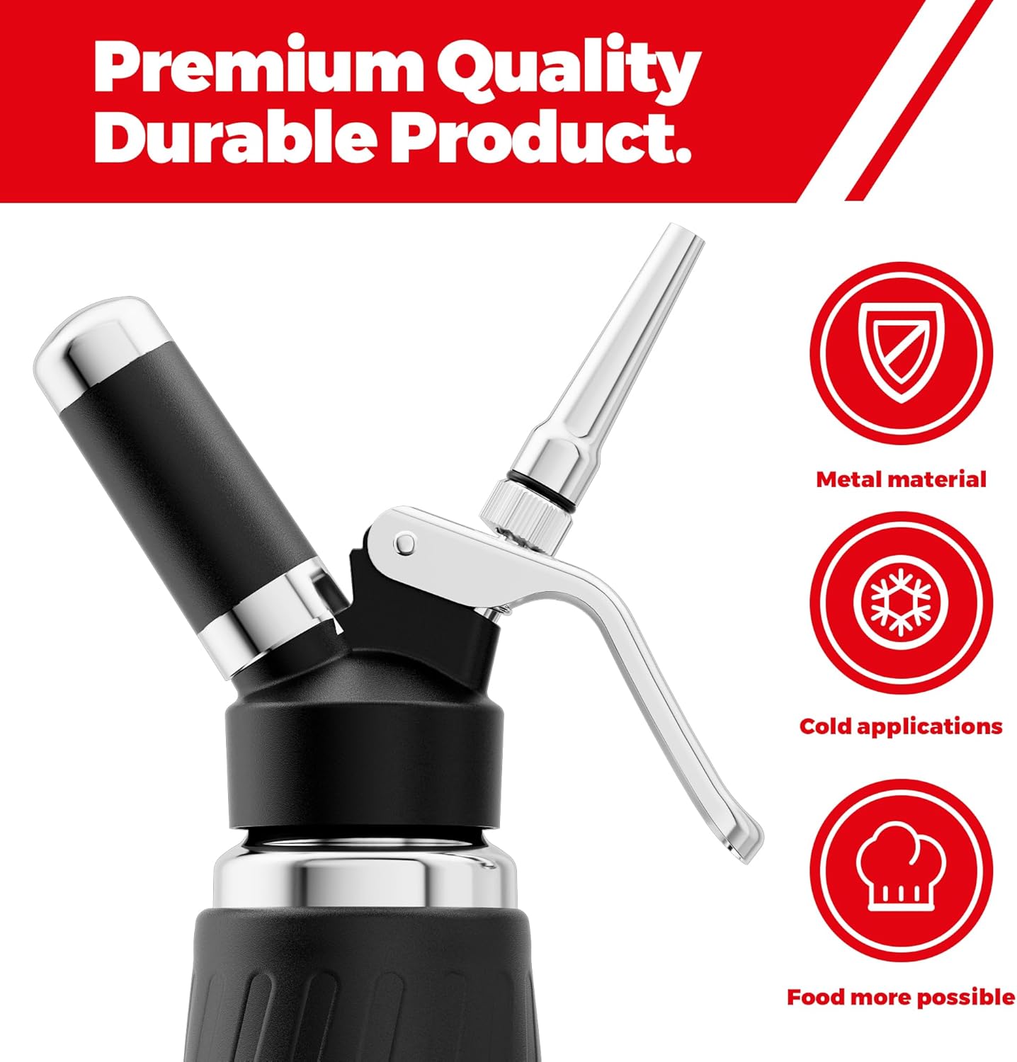 Whipped Cream Dispenser,Stainless Steel Bottle With Aluminum Head,1-Pint/500mL,Whip Cream Maker Canister with 3 Decorating Nozzles & Cleaning Brush - Need To Use N2O Chargers (Not Included) (500ml)