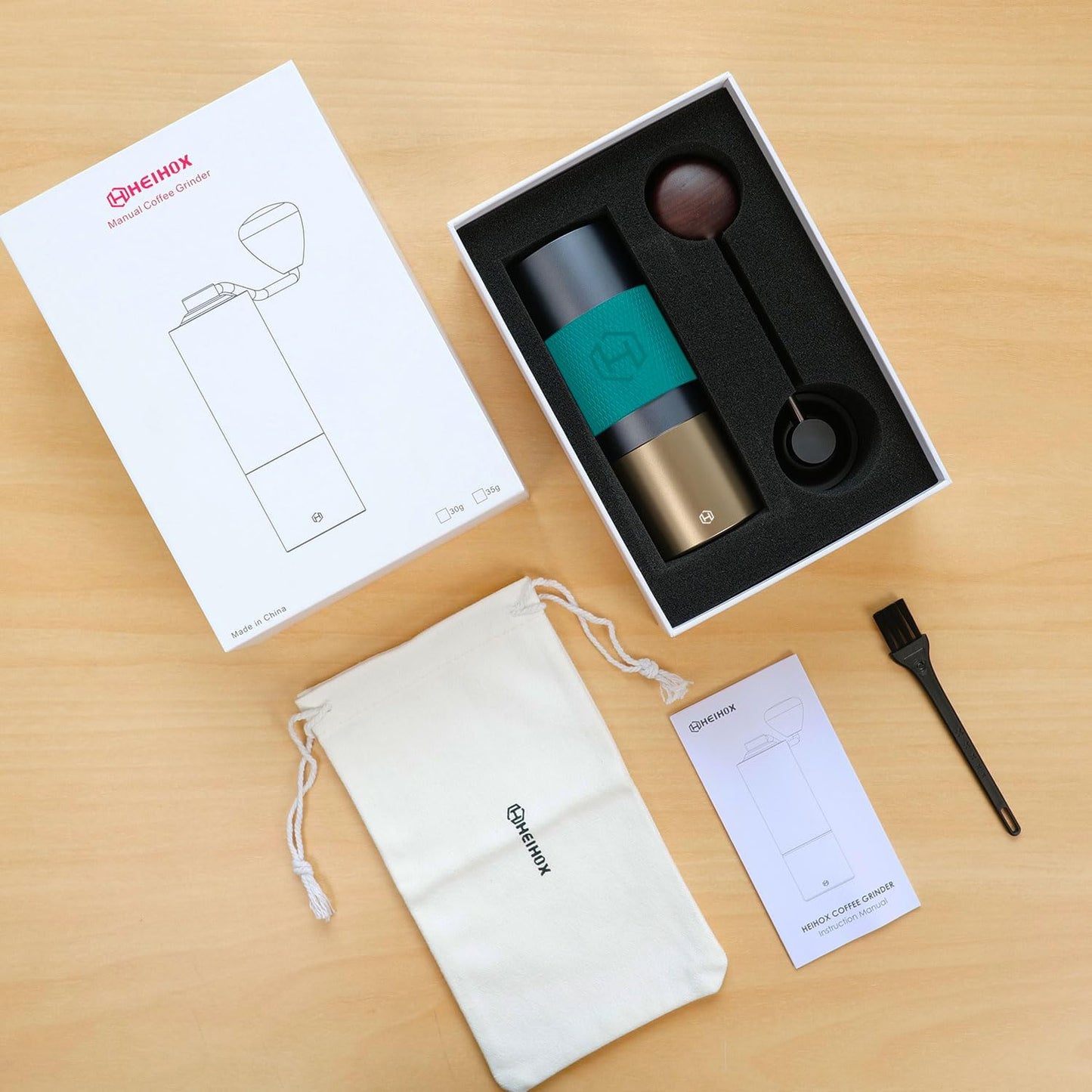 Manual Coffee Grinder - HEIHOX Hand with Adjustable Conical Stainless Steel Burr Mill, Capacity 30g Portable Mill Faster Grinding Efficiency Espresso to Coarse for Office, Home, Camping