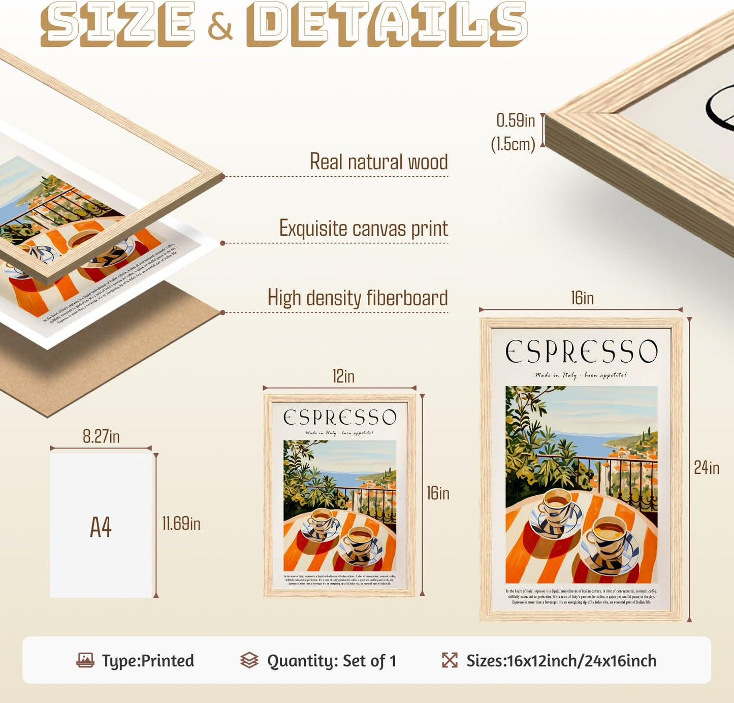 GELDSTEI Coffee Wall Art, Vintage Espresso Wrapped Canvas Print, Italian Coffee Poster Print, Cafe Bar Decoration, Retro Italian Cafe Wall Decor for Kitchen Dining Room Wood Framed 16"x24"