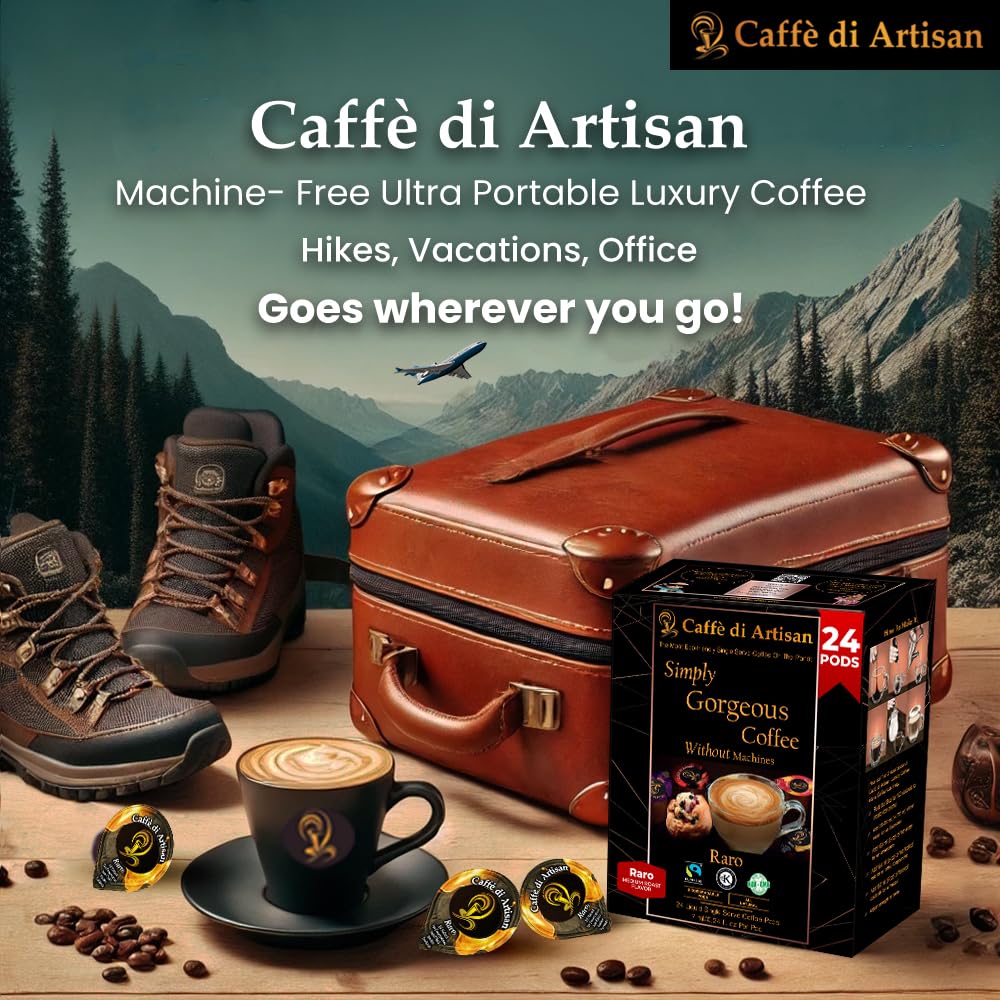 Caffè di Artisan Liquid Coffee Pods – Premium Single-Serve for Cold Brew, Iced & Hot Coffee – Machine-Free, Eco-Friendly, Ready in Seconds. Rich Raro Arabica, Medium Roast with Frother – 24 Count.
