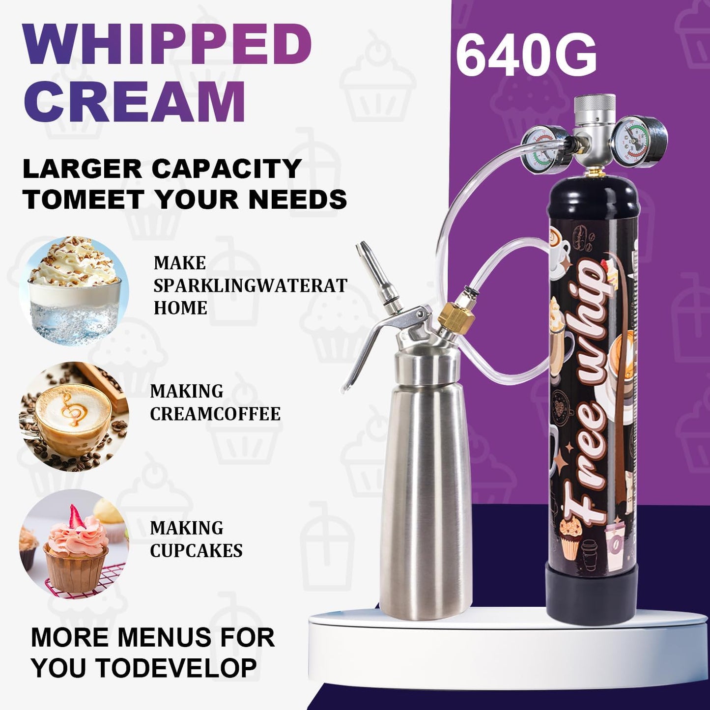 1.1L Whipped Cream Charger 640g Tank, Cartridges for Desserts & Cocktails, Fits with Any Standard Dispensers (6 Pack)