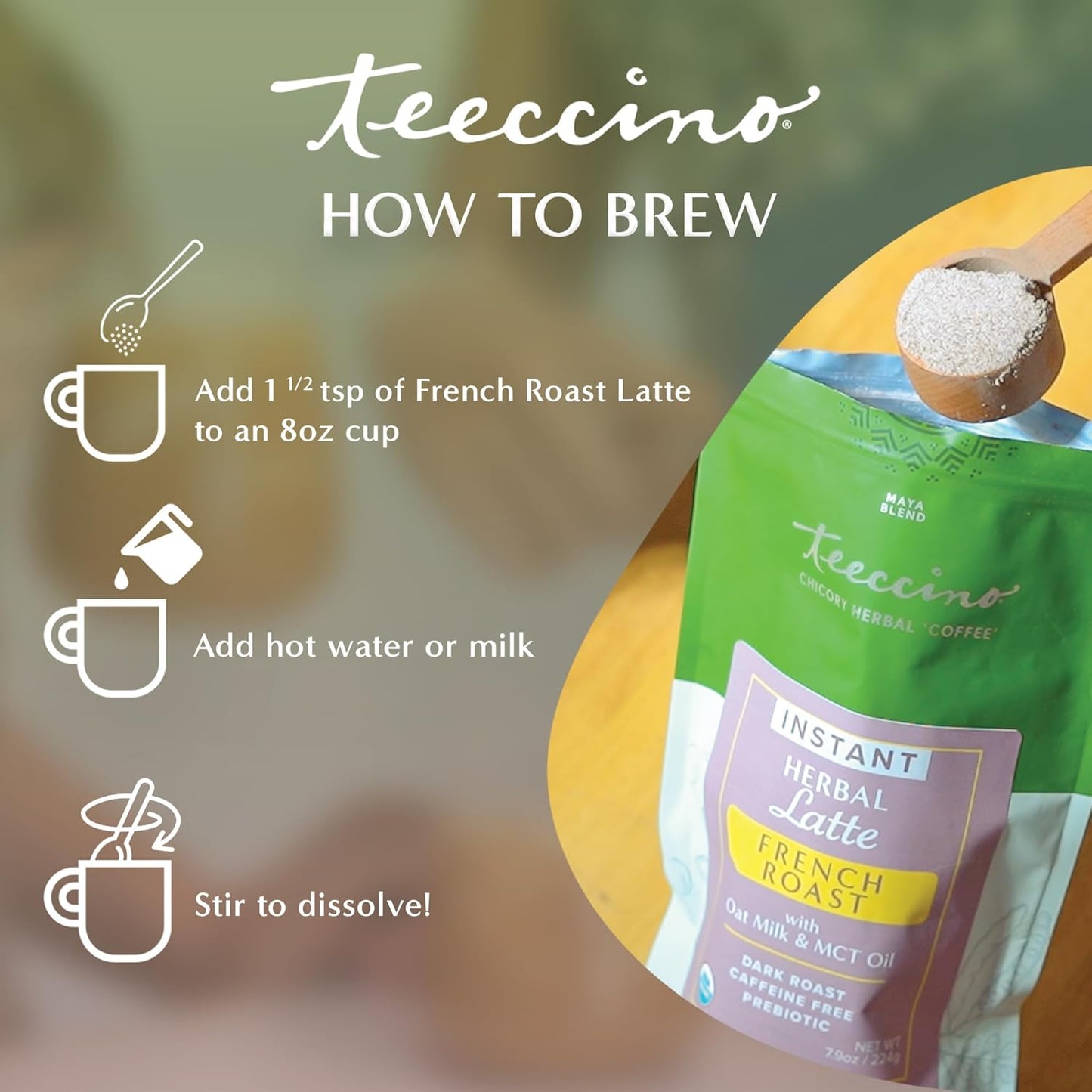 Teeccino Organic Instant French Roast Herbal Latte – 14 Servings – Creamy Oat & Coconut Latte Plus MCT Oil with a Bold, Coffee-Like Blend of Roasted Chicory & Ramón Seeds – Prebiotic, Caffeine-Free – 7.9 ounces
