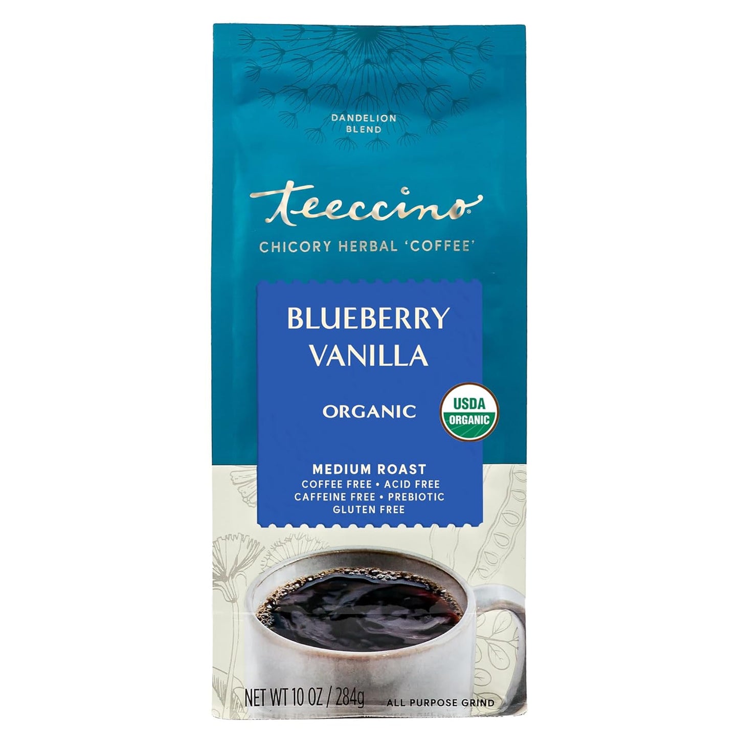 Teeccino Dandelion Blueberry Vanilla Chicory Coffee Alternative - Ground Herbal Coffee That’s Prebiotic, Caffeine Free & Acid Free, Medium Roast, 10 Ounce