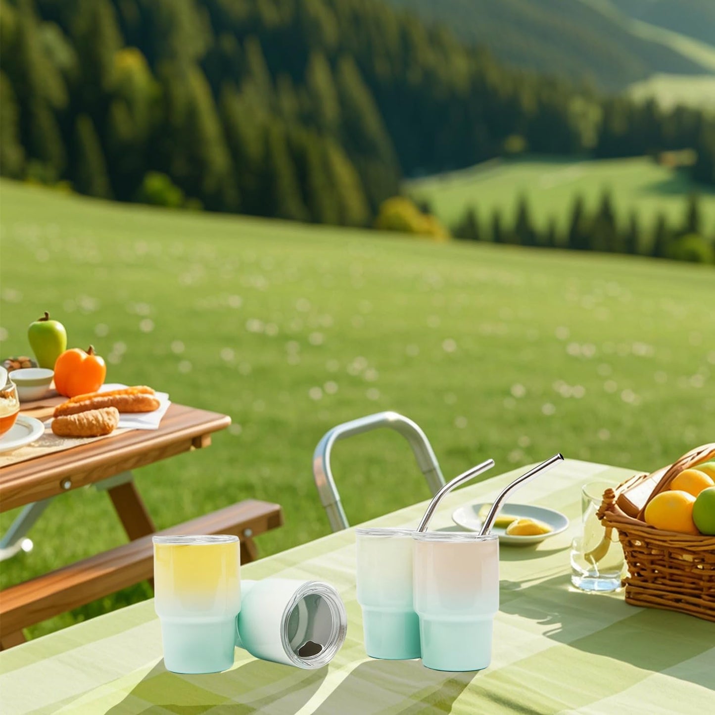 6 Pack 3 oz Sublimation Mini Tumbler Shot Glass with Straw and Lid, Gradient Color Insulated Stainless Steel Mini Tumblers Cups for Beach Birthday Wedding Parties, DIY Customizable Party Gift