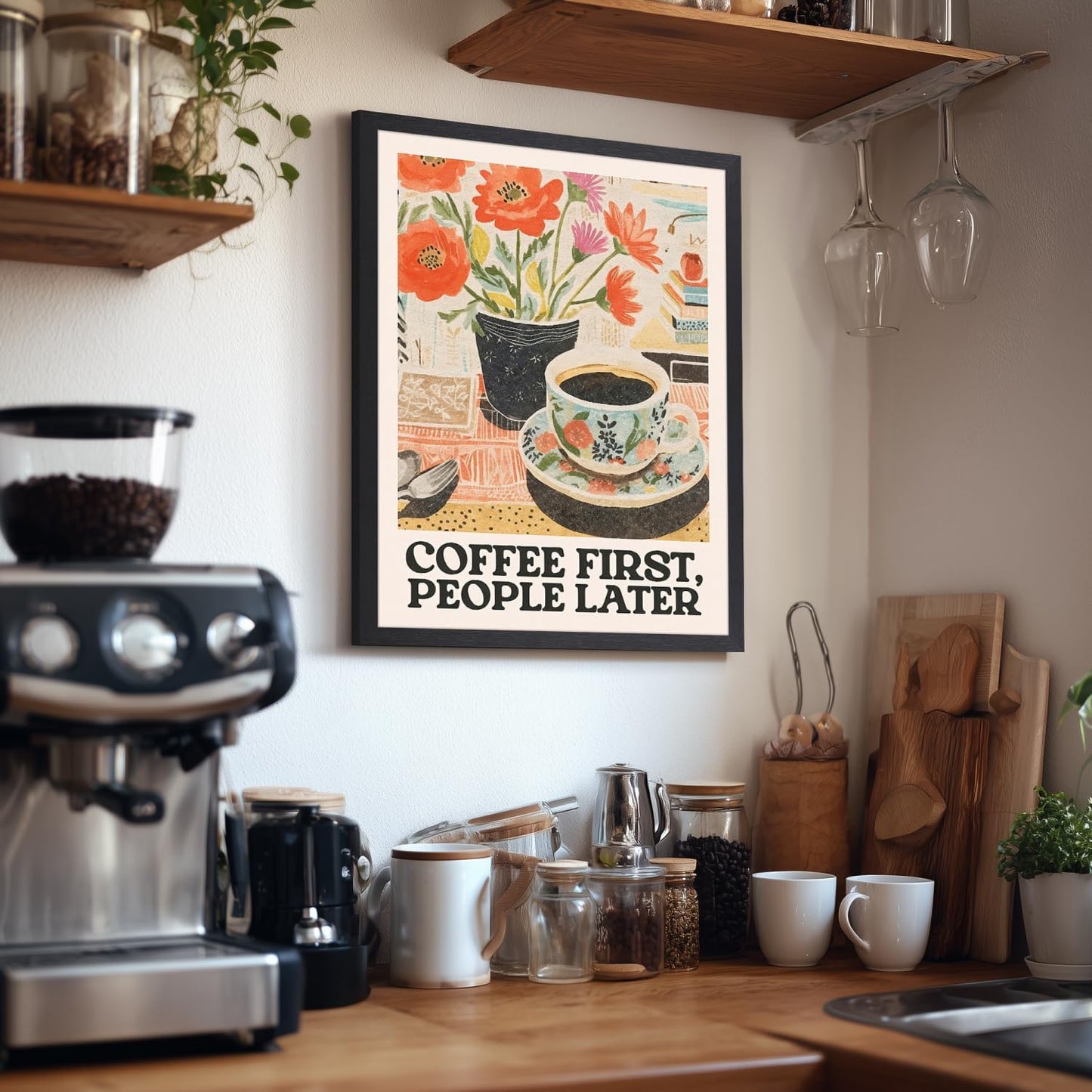 GELDSTEI Wood Framed Retro Coffee Wall Art, Vintage Cafe Wall Decor, Coffee First People Later Canvas Painting, Classical Cafe Bar Poster Print for Kitchen Dining Room Home Office 12"x16"
