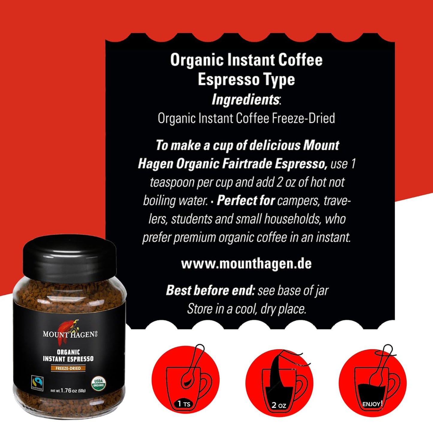 Mount Hagen Instant Espresso Coffee, Eco-friendly Organic Espresso Coffee Made From Medium Roast Arabica Beans, Freeze Dried Instant Coffee, Fair-Trade, Kosher, 1.76oz Jar