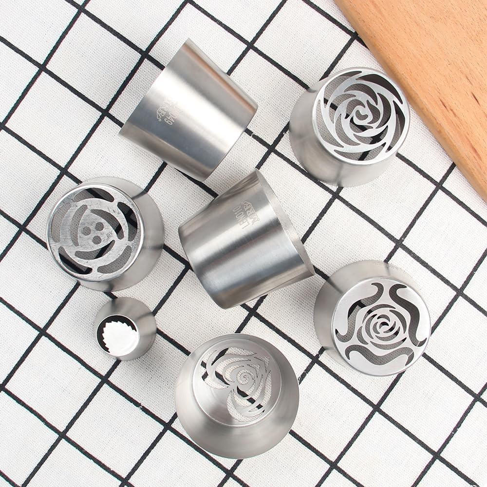 6 Pieces Extra Large Stainless Steel Russian Tulip Marshmallow Icing Tips Kit, Cupcake Dessert Piping Nozzles Set,1 Small Size Russian Icing Tip for Cake Decorations,Pastry Baking Tools