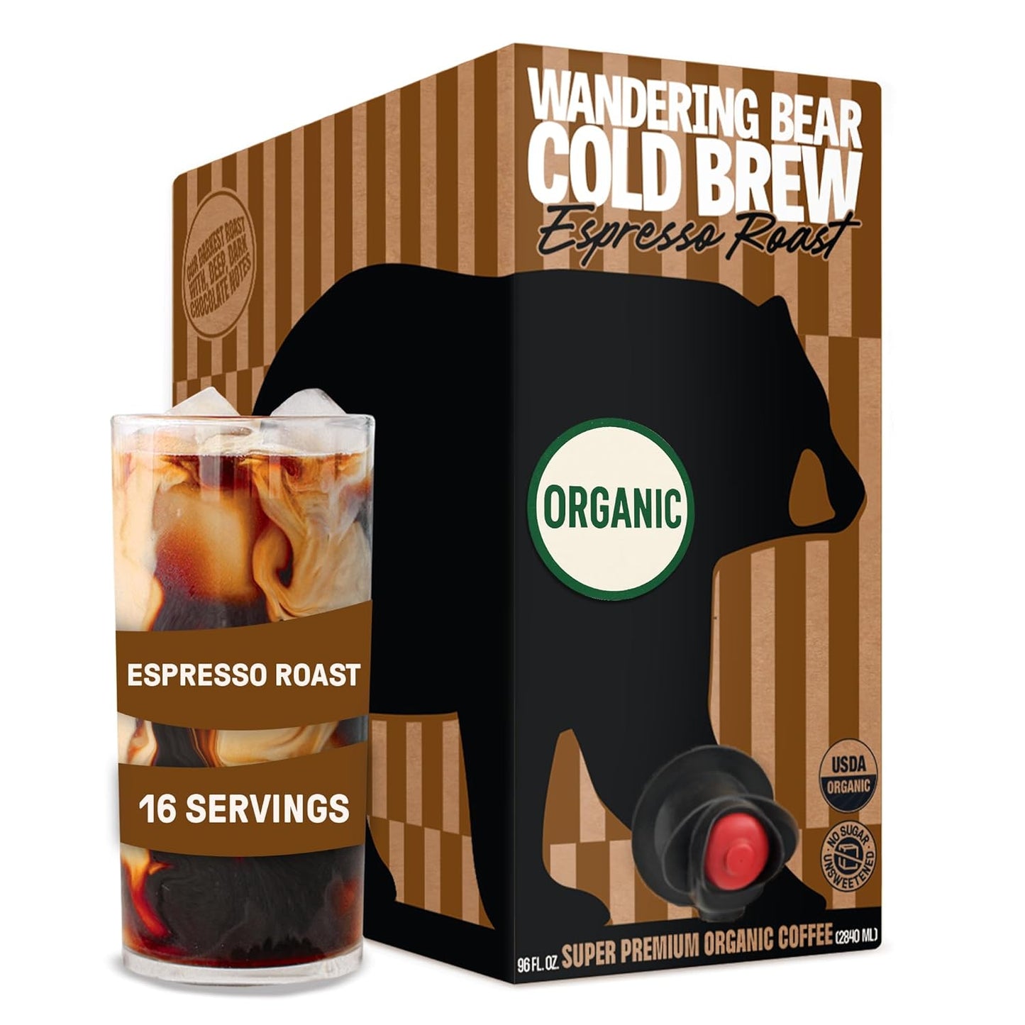 Wandering Bear Espresso Roast Organic Cold Brew Coffee On Tap, Iced Coffee Drink - Extra Strong, Smooth, No Sugar Added, Shelf-Stable, Ready to Drink, 100% Organic - 16 Servings of 6fl.oz - 96fl.oz