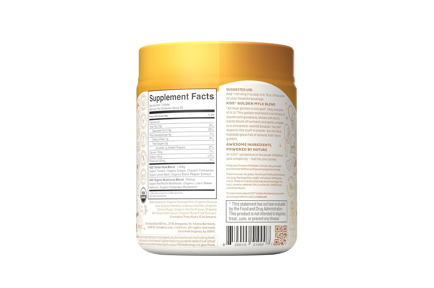 KOS Golden Mylk with Tumeric and Ginger, Organic Superfood Latte Powder, Adaptogen Mushroom Blend - Coffee Creamer, Dessert & Smoothie - Caffeine Free, Vegan, Dairy-Free, Gingerbread Chai, 28 Servings