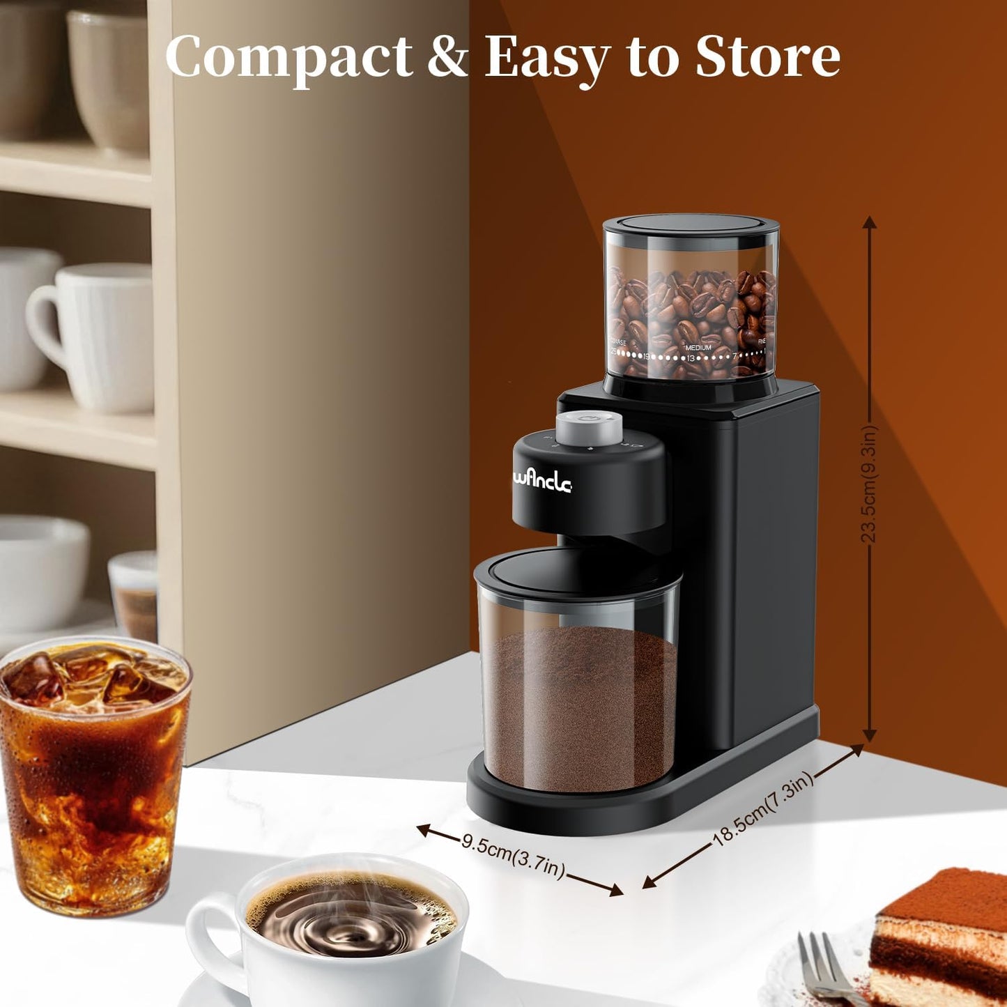 Wancle Coffee Grinder, Electric Conical Burr Coffee Bean Grinder, 25 Grind Settings-Adjustable for Espresso French Press Drip, 2-12 Cup Capacity, Low Noise, 80g Bean Capacity (Expandable to 120g)