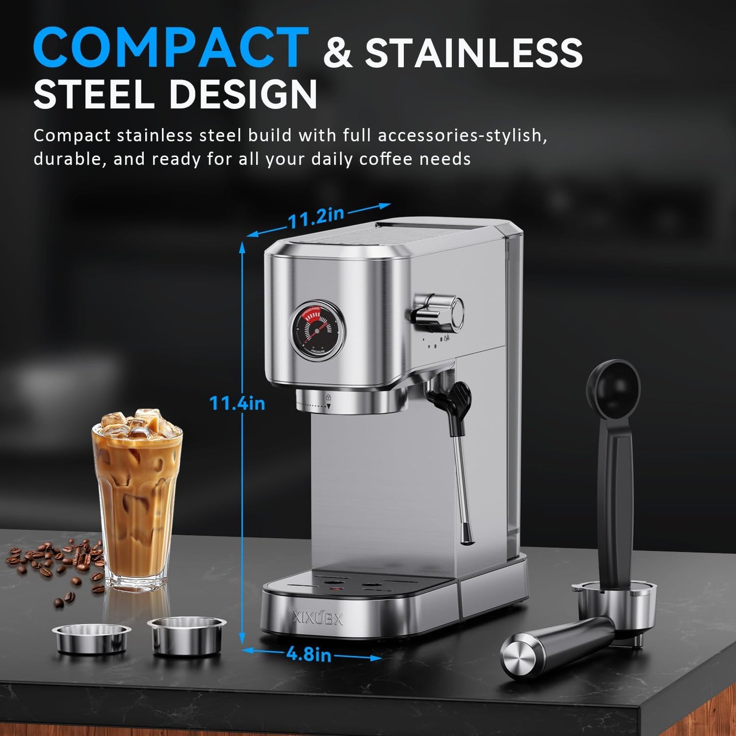 20Bar Espresso Machine, Compact Espresso Maker with Milk Frother, Stainless Steel Coffee Machine for Cappuccino&Latte, 42oz Water Tank, Visible Pressure Gauge, Home&Office, Silver