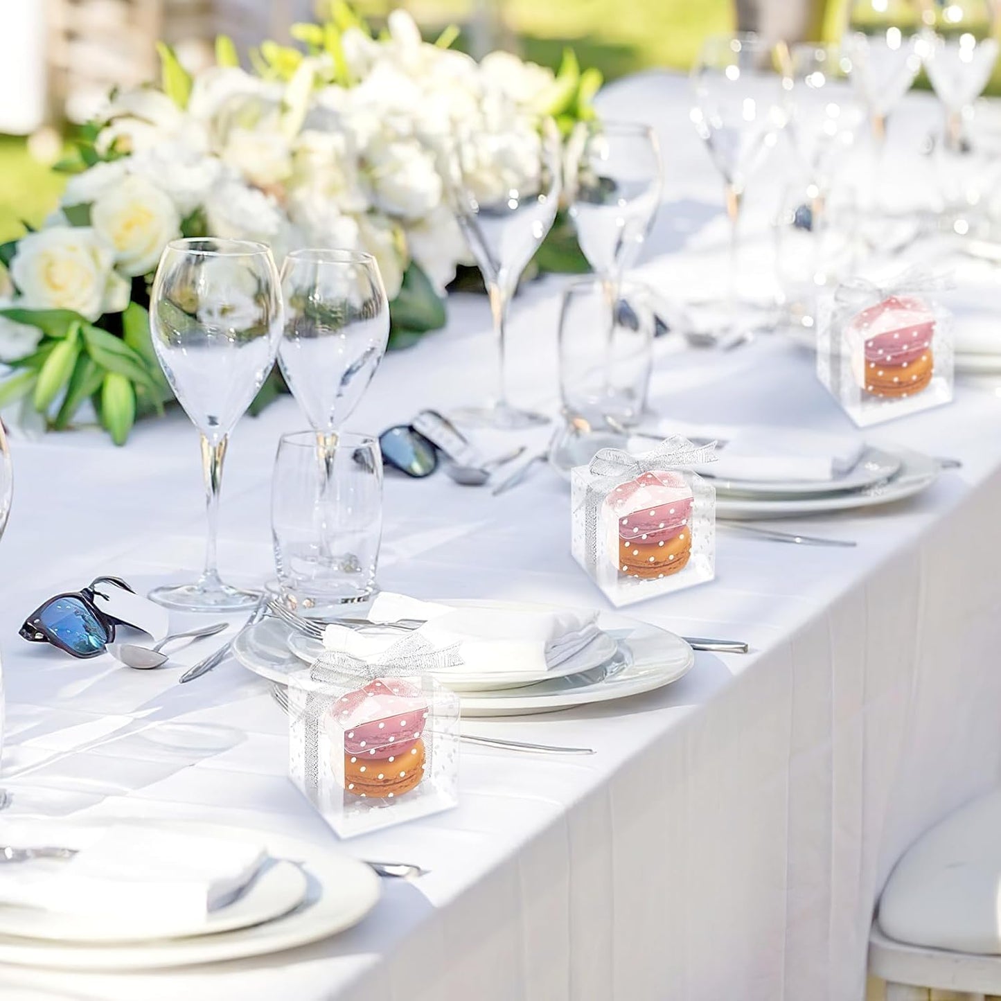 Ocmoiy 2x2x2 Inches Macaron Boxes for 2, White Polka Dot, 50 PCS Small Clear Favor Cube Boxes with Silver Ribbons for Wedding Baby Shower Birthday Party Supplies