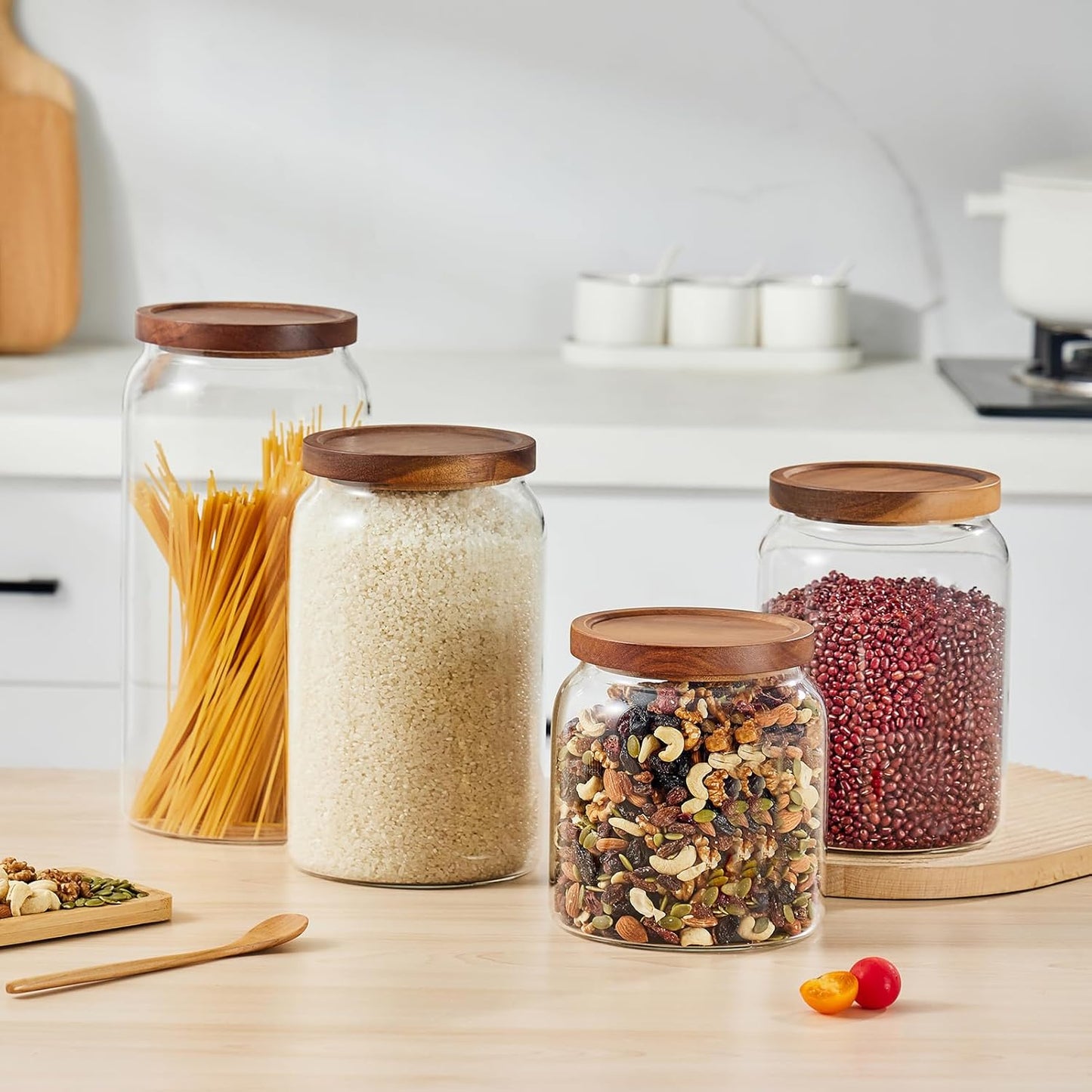 Sweejar Large Glass Candy Jars with Wooden Lids, 1 Gallon Glass Jar with Lid, Sugar/Flour Storage Containers, Big Glass Canisters with Airtight Lid, 2 Pack, Hand Lid