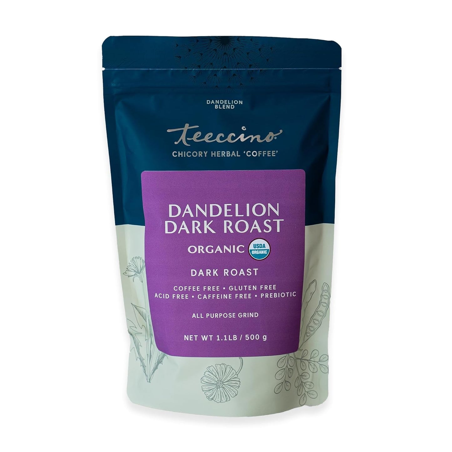 Teeccino Dandelion Dark Roast Herbal Coffee, 1.1 Pound - Caffeine-Free Coffee Alternative with Prebiotics, Gluten Free, Acid Free, Organic
