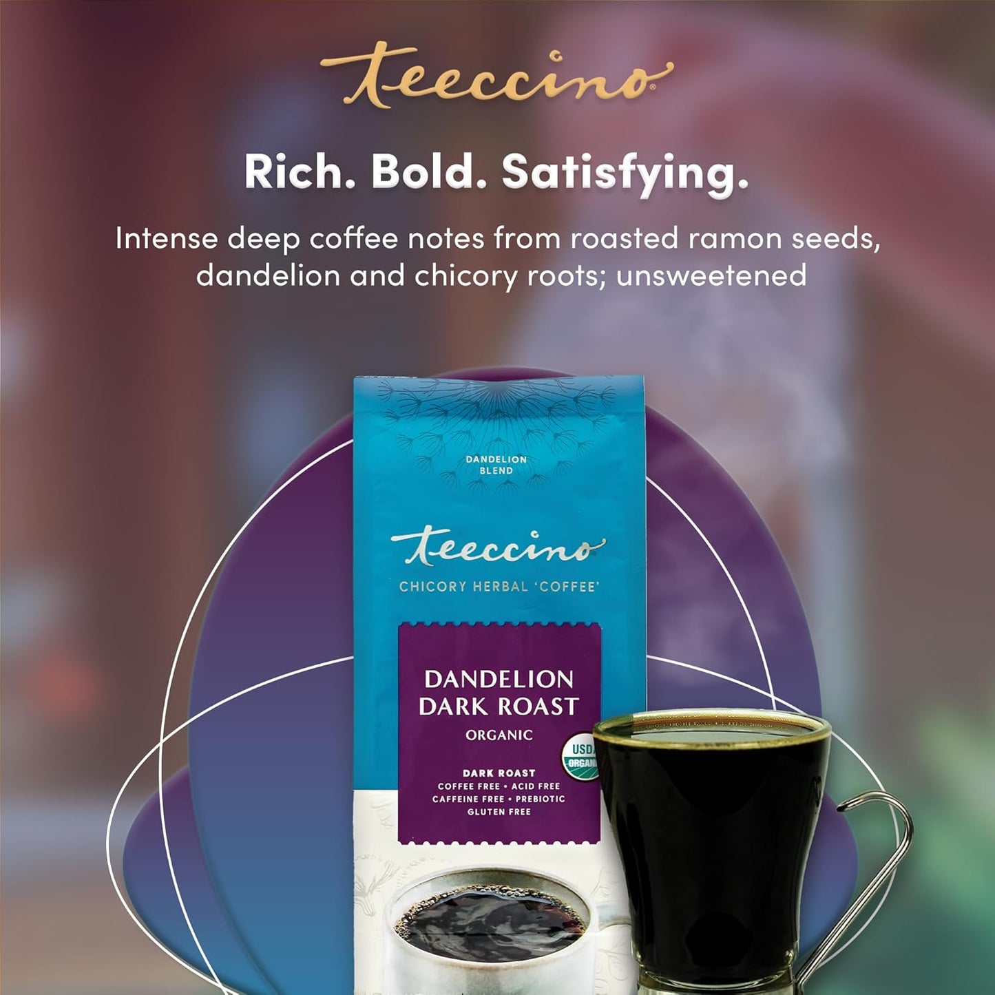 Teeccino Dandelion Dark Roast Herbal Coffee - 10 oz - Caffeine-Free Coffee Alternative with Prebiotics, Gluten Free, Acid Free, Organic