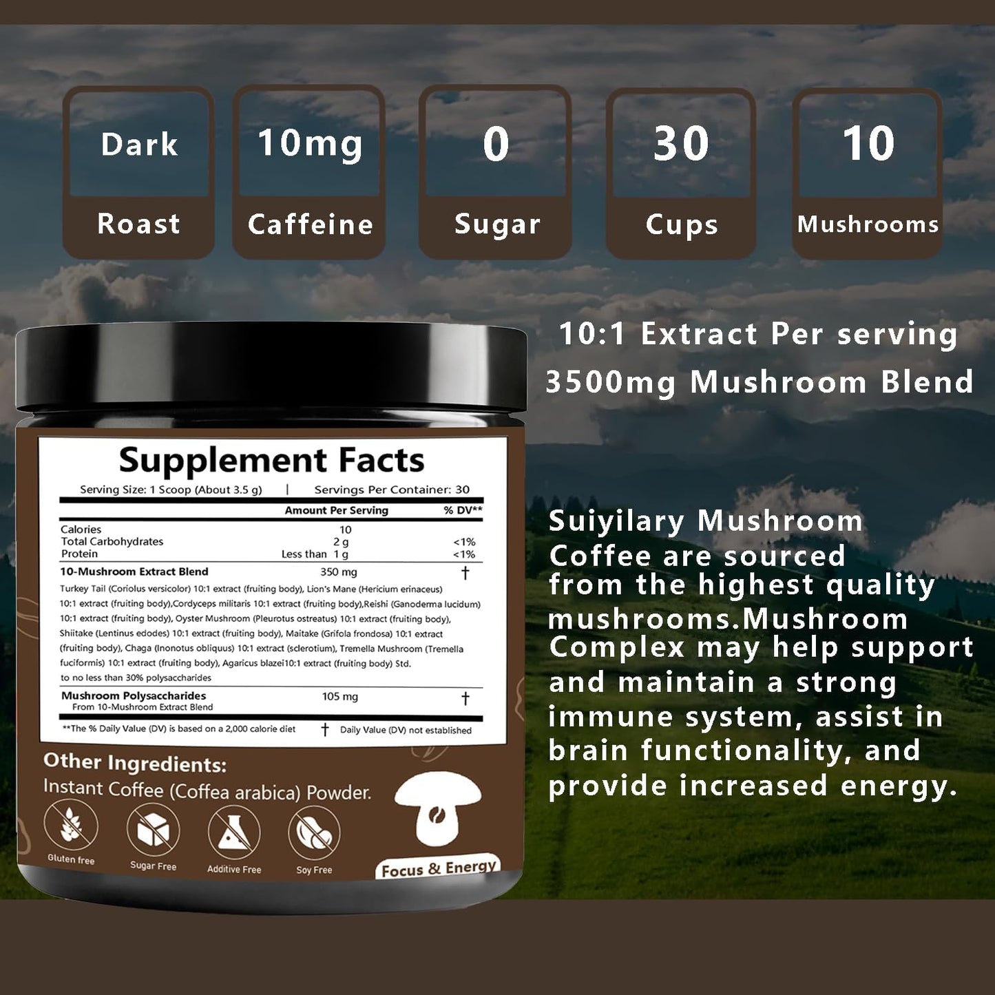 10 Mushroom Coffee with Arabica w, Lion's Mane, Reishi, Mushroom Polysaccharides & More, 3500mg(10:1) Extract Instant Mushrooms Powder for Focus, Immunity Boost, Memory & Clarity - 30 Servings