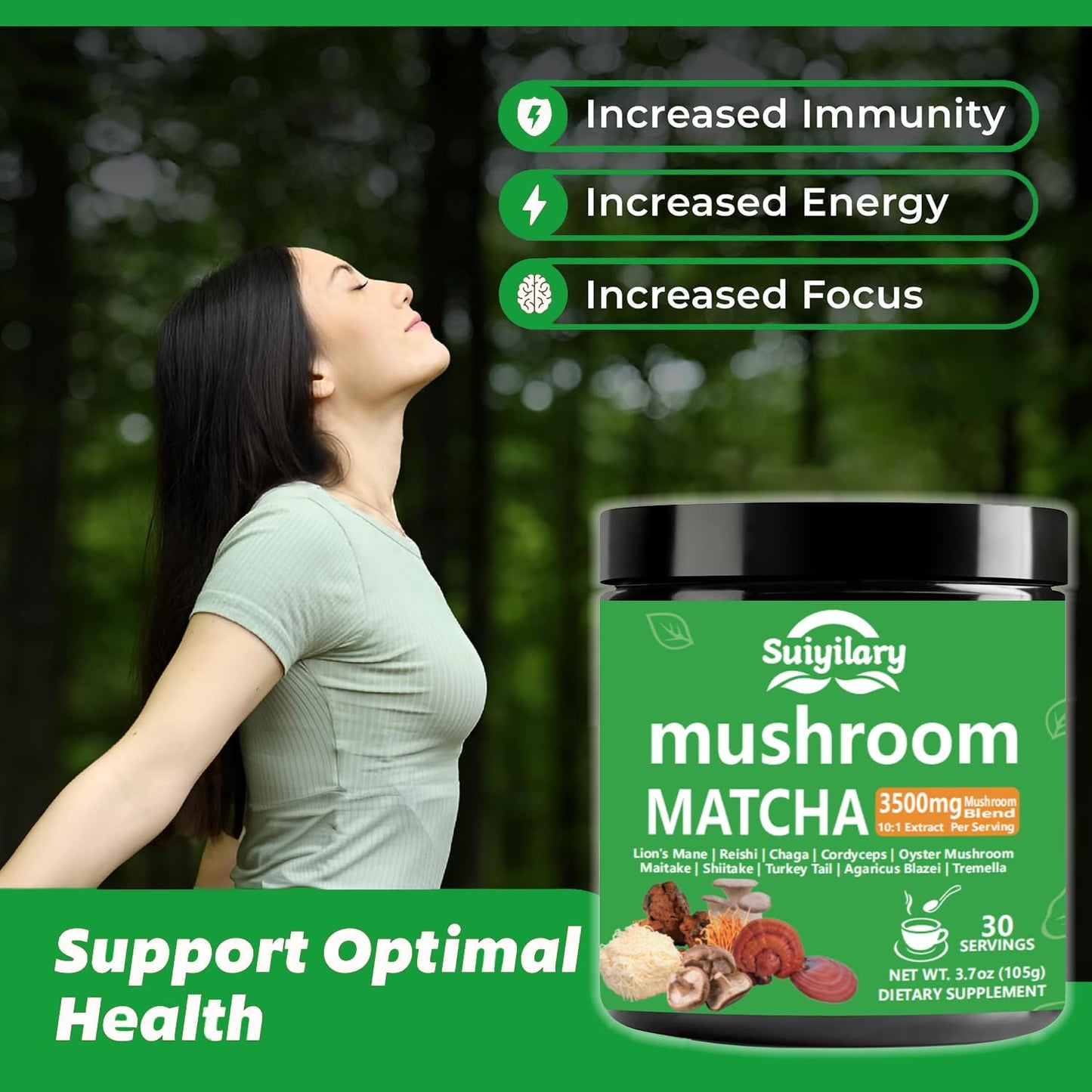 10 Mushroom Matcha Powder with Lion's Mane, Reishi, Mushroom Polysaccharides & More, 3500mg(10:1) Extract, Japanese Ceremonial Matcha for Focus, Energy, Immunity Boost, Memory - 30 Serving
