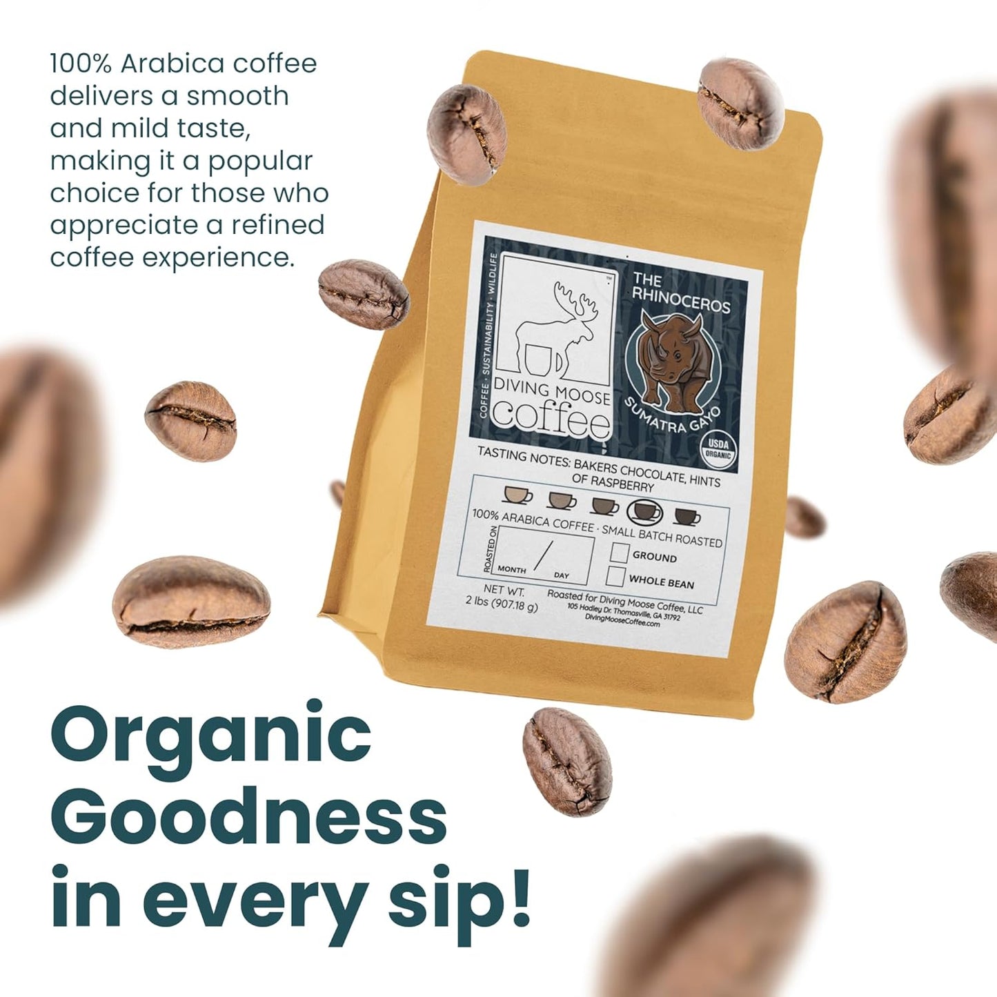 Diving Moose Coffee - The Rhinoceros Sumatra Gayo USDA Organic Medium Dark Roast (32oz / 2 LB) - Bakers Chocolate Raspberry Specialty Grade Small-Batch Roasted to Order Smooth Not Bitter
