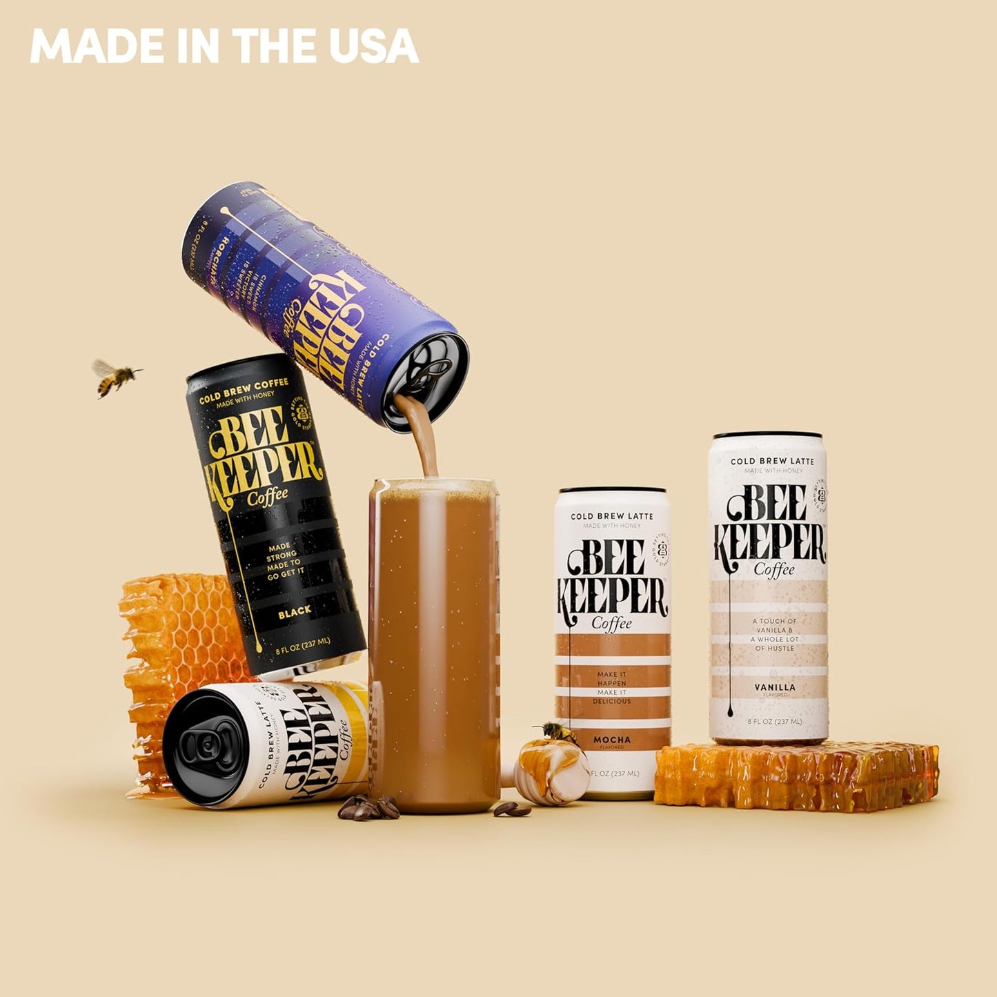 Beekeeper Coffee Cold Brew Vanilla Latte with Oregon Honey, 8 fl oz cans (Pack of 12), Ready-to-Drink, 125mg Natural Caffeine