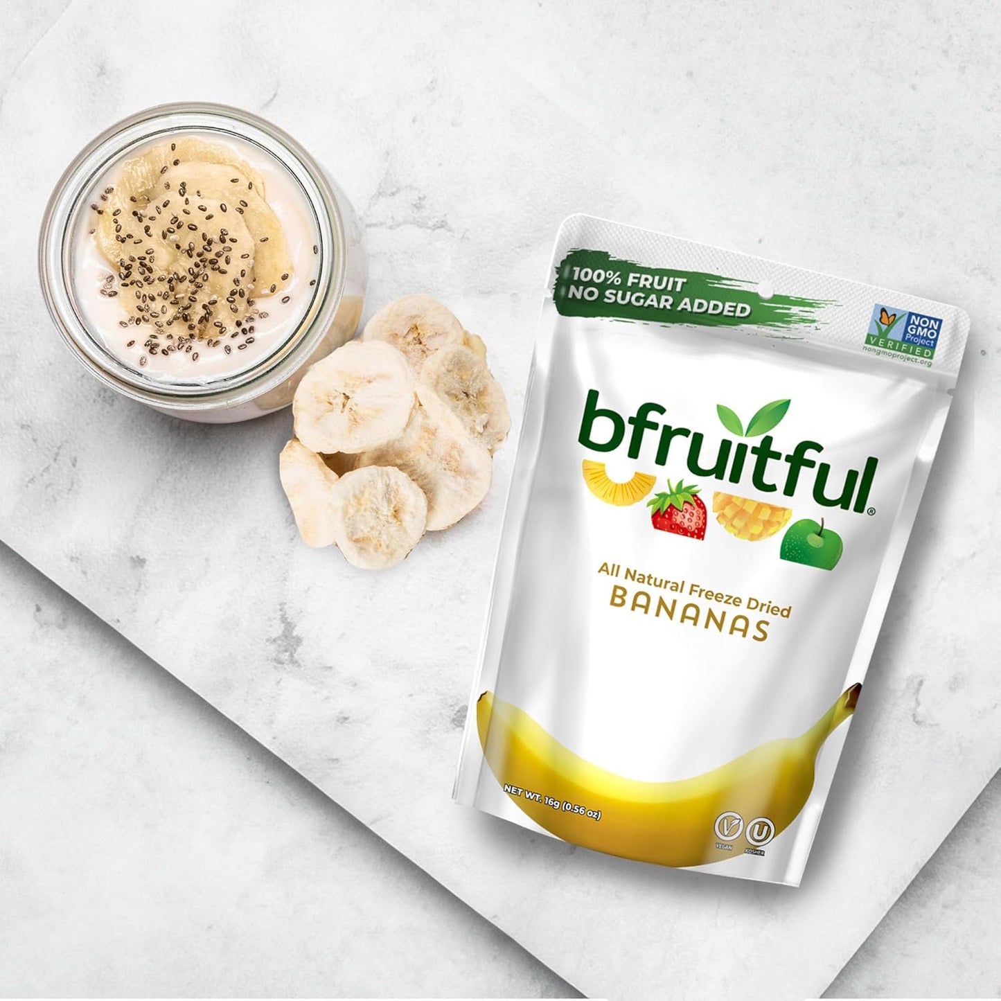 bfruitful Freeze-Dried Banana, Freeze Dried Fresh Fruit Bites, Gluten Free, Vegan, Dairy Free, Kosher, No Sugar Added, Non GMO, Healthy Snacks for Kids or Adults, 0.56 oz Single-Serve Snack Packets, 24 Pack