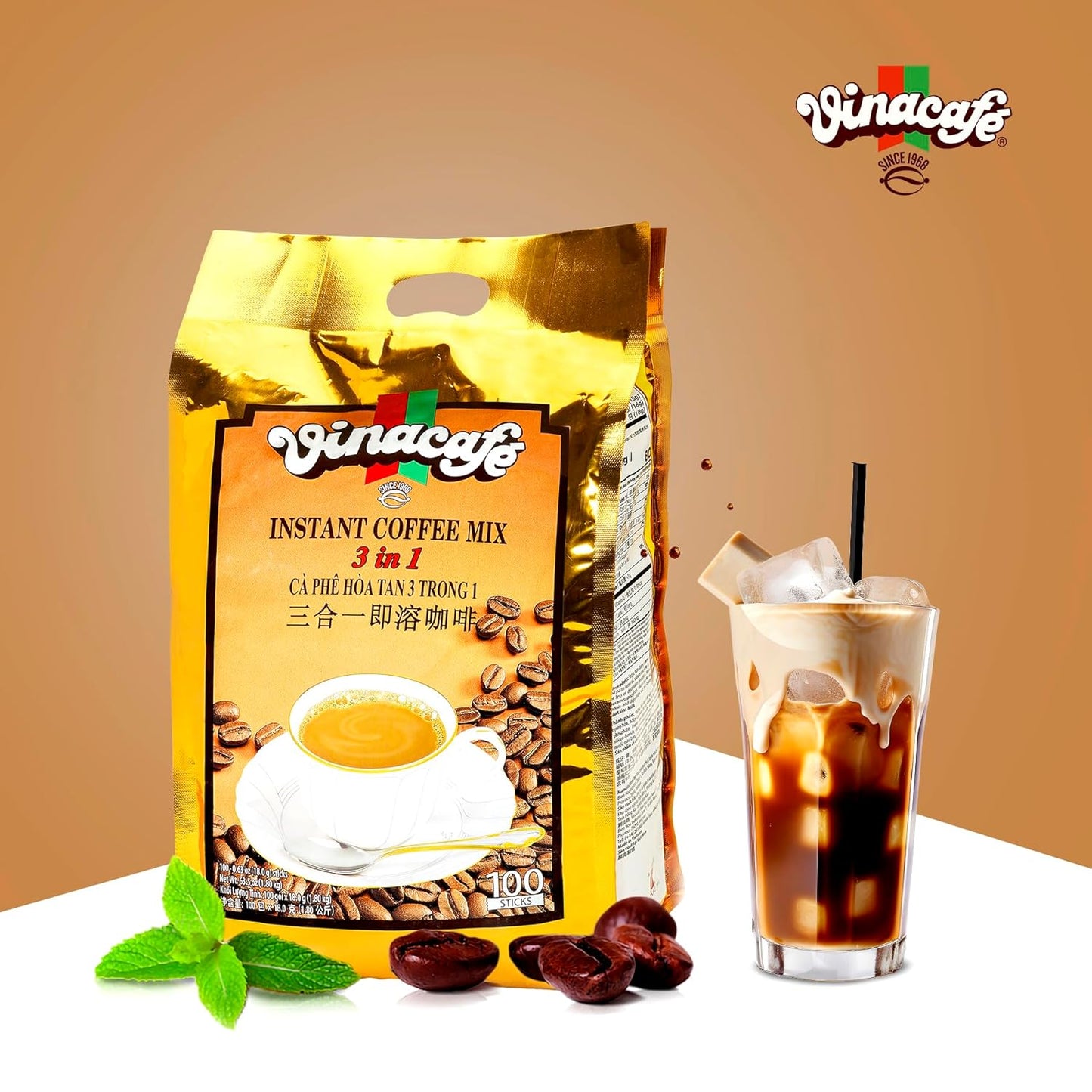 Vinacafe Premium 100 Sticks 3 in 1 Instant Coffee Mix, Single Serves