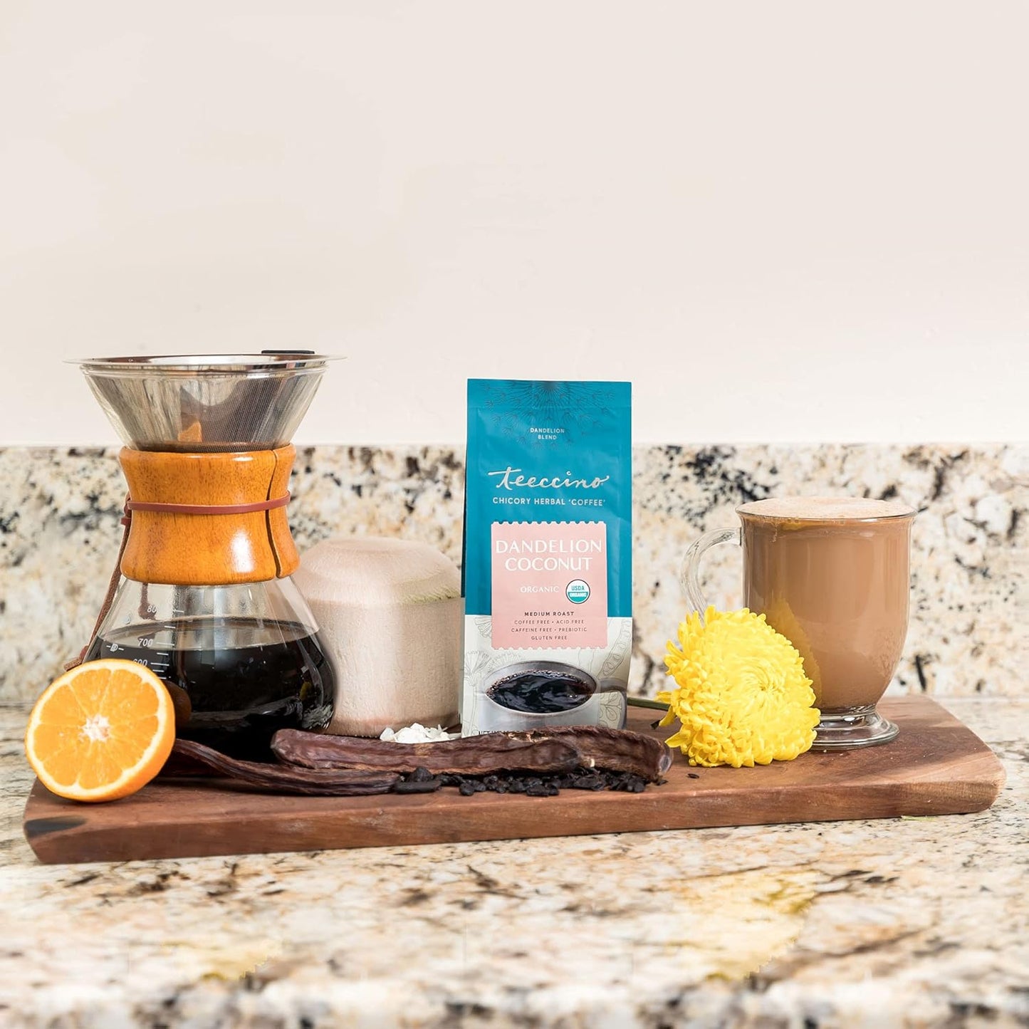 Teeccino Dandelion Coconut Herbal Coffee - Caffeine-Free Coffee Alternative with Prebiotics, Gluten Free, Acid Free - Medium Roast, 10 oz