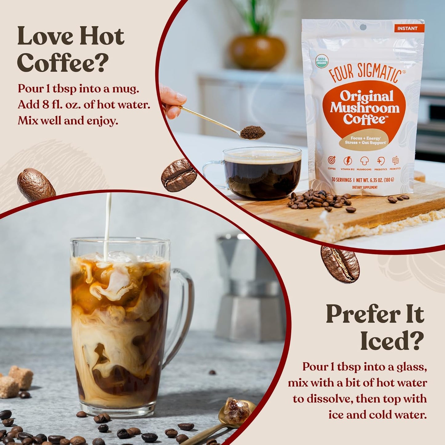 Four Sigmatic Original Mushroom Coffee | High Dose Lion's Mane, Chaga, Turkey Tail, Cordyceps and Reishi | Energy, Focus & Immune Support | 30 Servings