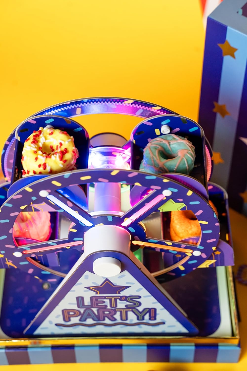 Party Time Mini Donut Ferris Wheel Box by Send A Cake – Ready to Gift, No Assembly Needed – 10 Mini Cake Donuts, Spins, Lights & Music – Fun Birthday & Celebration Gift for Women, Men, Adults, Kids