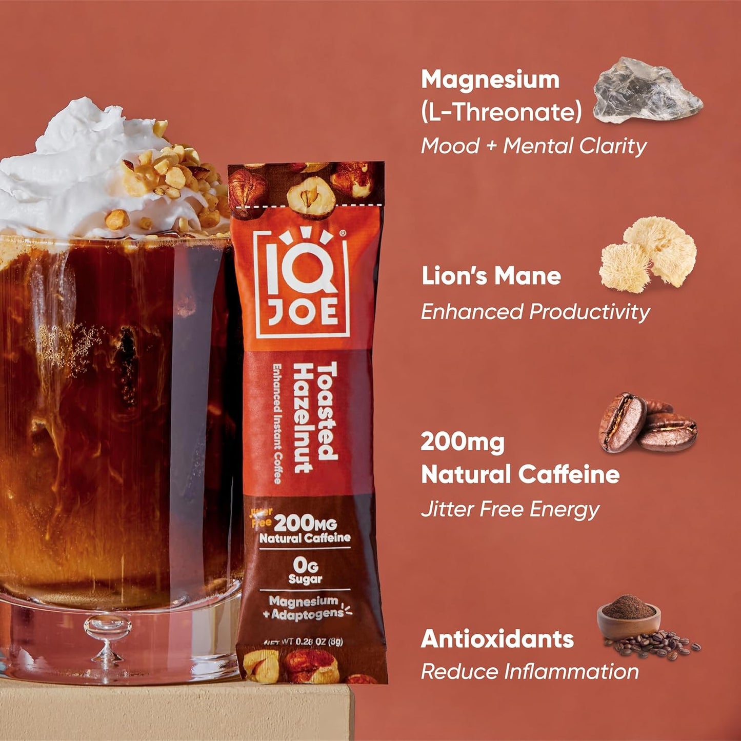 IQJOE Mushroom Coffee Packets (40 Servings) Lion’s Mane, Magtein Magnesium, Antioxidants, Adaptogens - Toasted Hazelnut - Instant Coffee for Focus, Clarity, Mood, Energy Boost - Sugar Free, Vegan