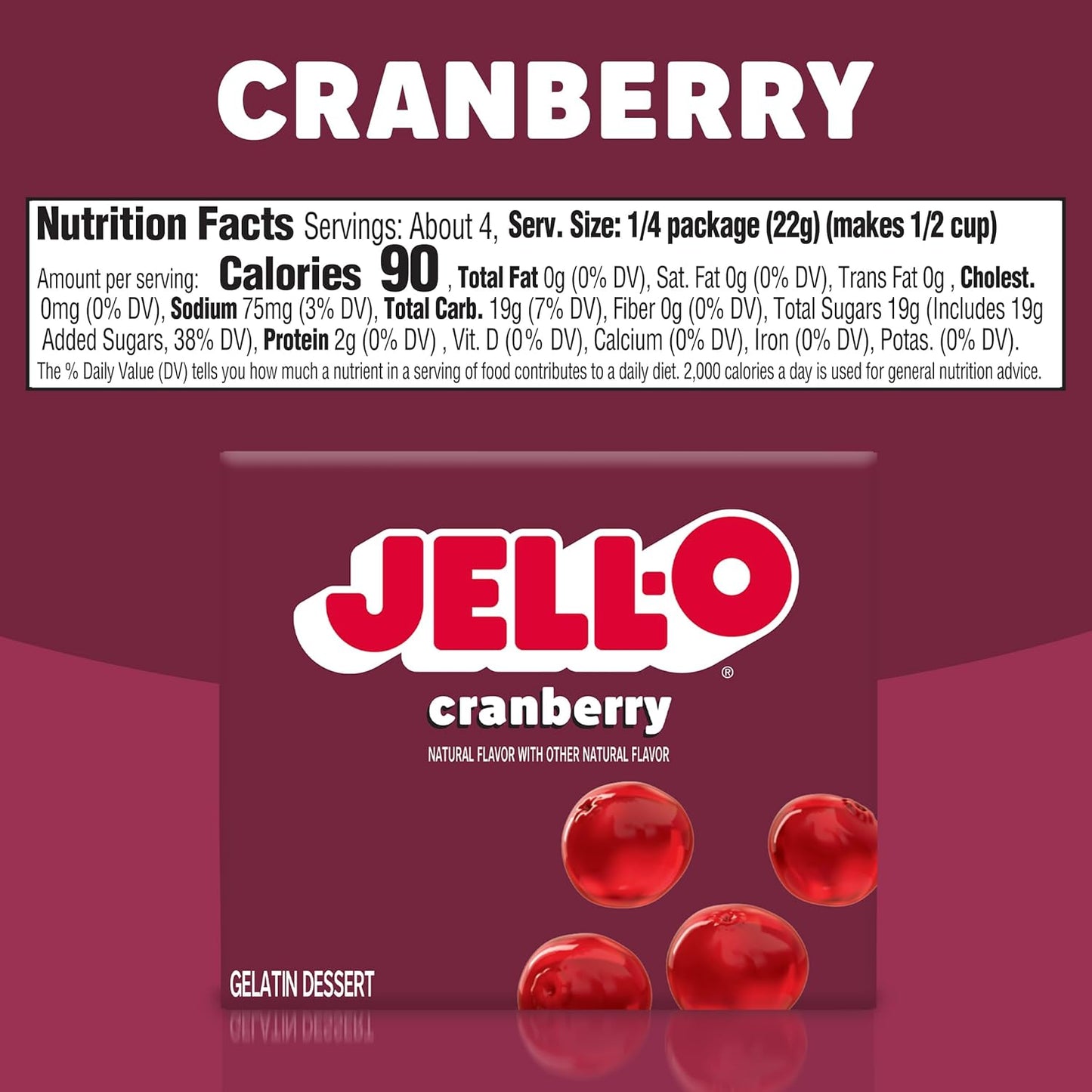 Jell-O Cranberry Gelatin Dessert, 3oz Boxes (Pack of 12)