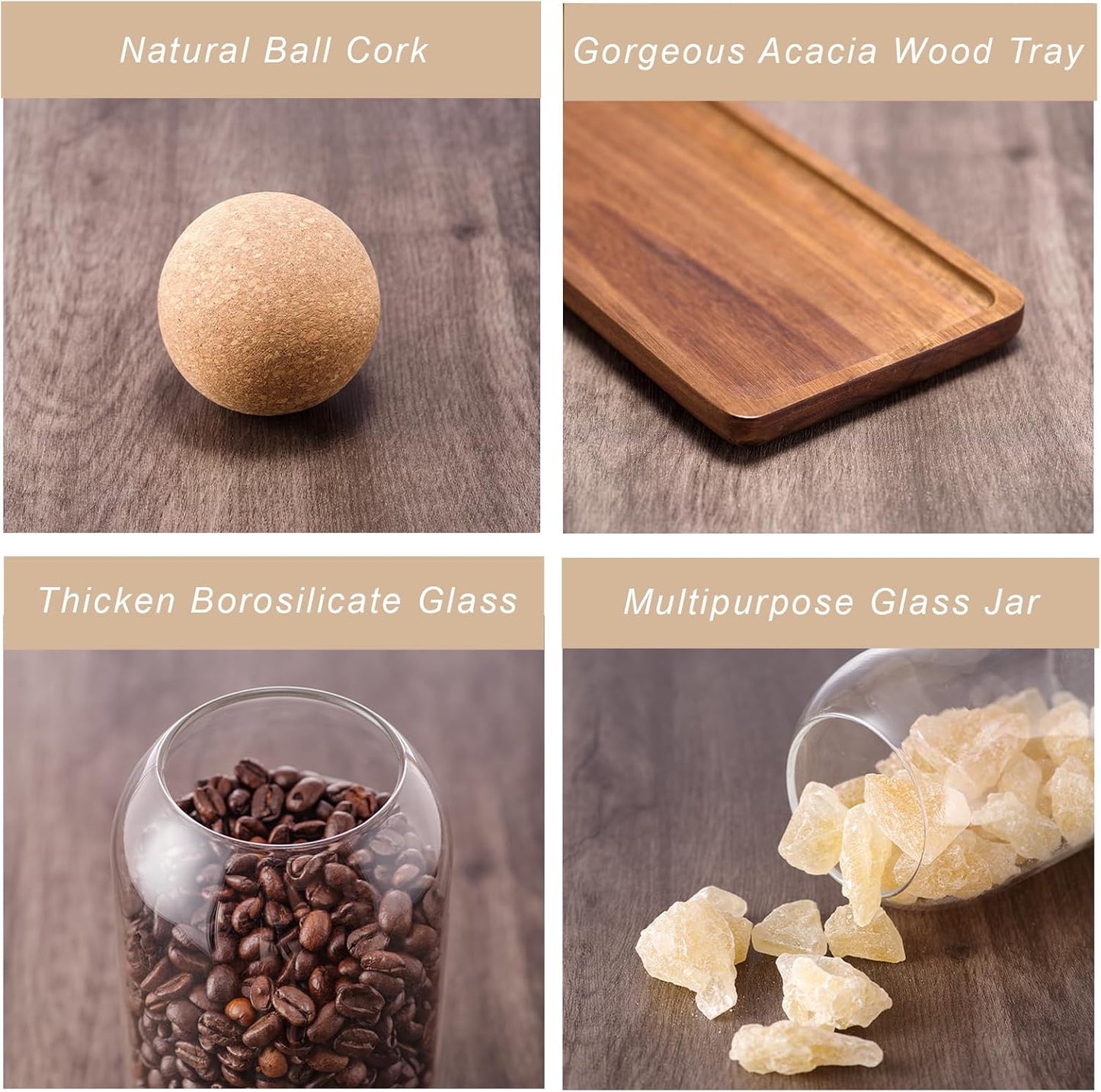 Glass Jars with Cork Lids, 3 Pack Small Decorative Jars with Acacia Tray, Bathroom Qtip and Cotton Ball Holder Set, Cute Coffee Bar Containers for Sugar Candy Tea, Apothecary Jars (17oz)