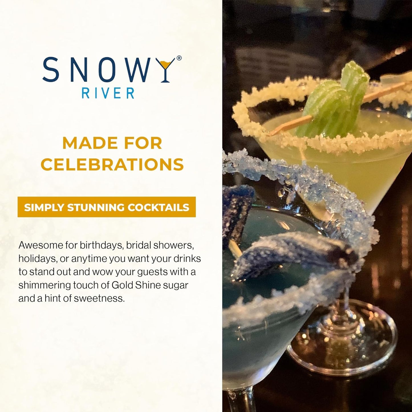 Snowy River Gold, Cocktail & Margarita Sugar Rimmer - Vibrant Color Glass Rimming Sugar with Medium Crystal Texture - 4oz