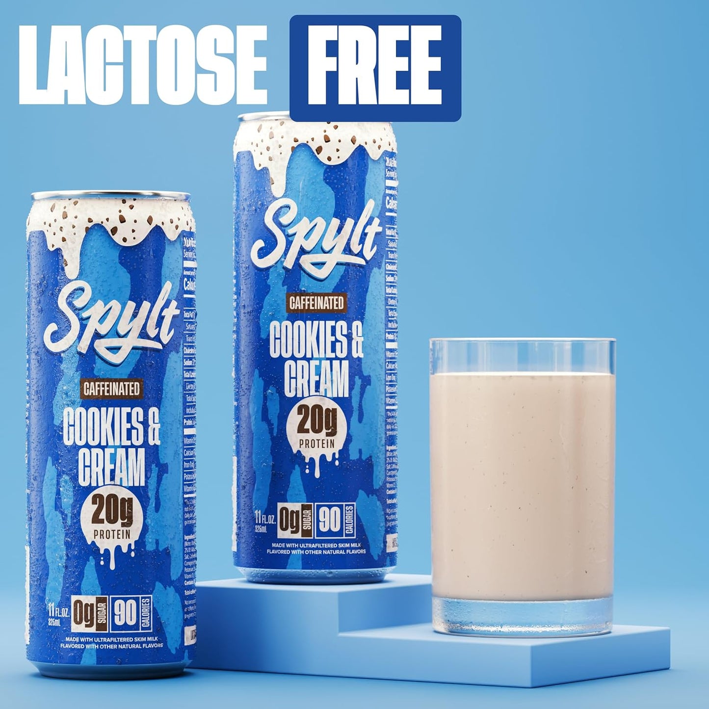 Spylt High Protein Cookies & Cream Milk with 60mg Caffeine & 20g Protein - 90 Calories, Ready to Drink, Sugar Free, Lactose Free Milk, Perfect for Workout Recovery & Afternoon Pick Me Up - 12 Count