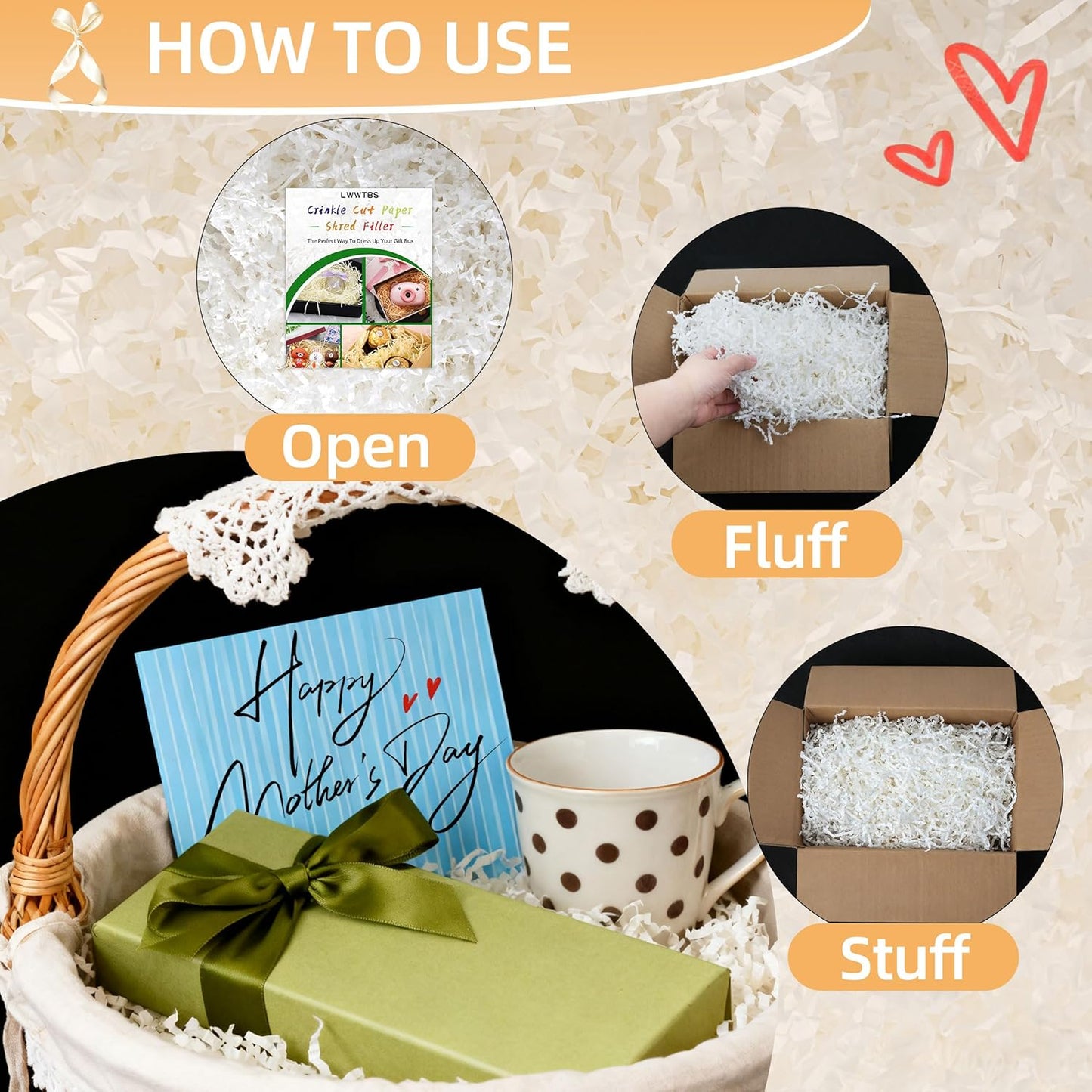 LWWTBS Crinkle Cut Paper 7oz Shredded Packing Grass Cushion Paper for Gift Baskets Christmas Wedding Birthday Bridesmaid Engagement Craft Gift boxes Stuffing Bags Filler (White)