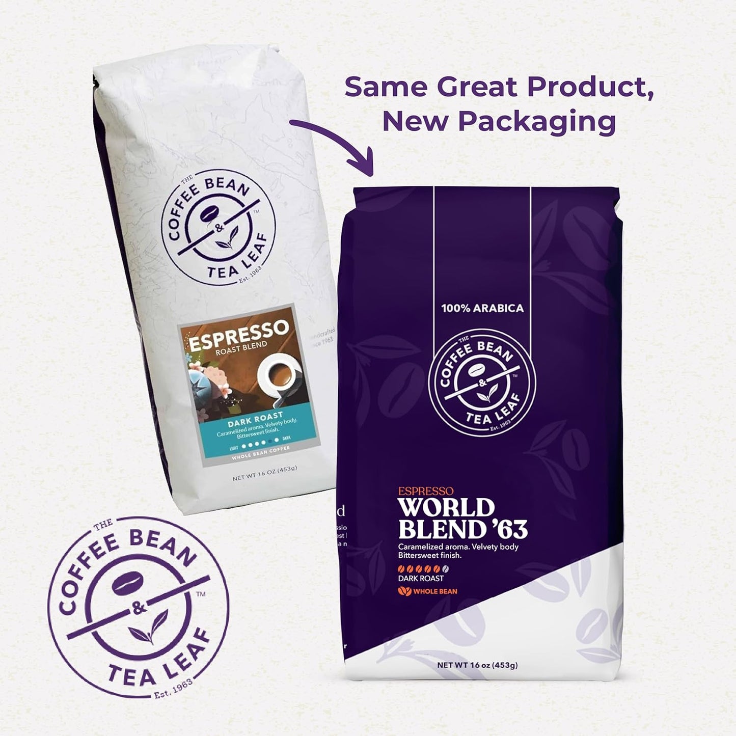 The Coffee Bean & Tea Leaf, World Blend '63, Dark Roast Whole Bean Coffee Beans, 1lb bag (16oz)
